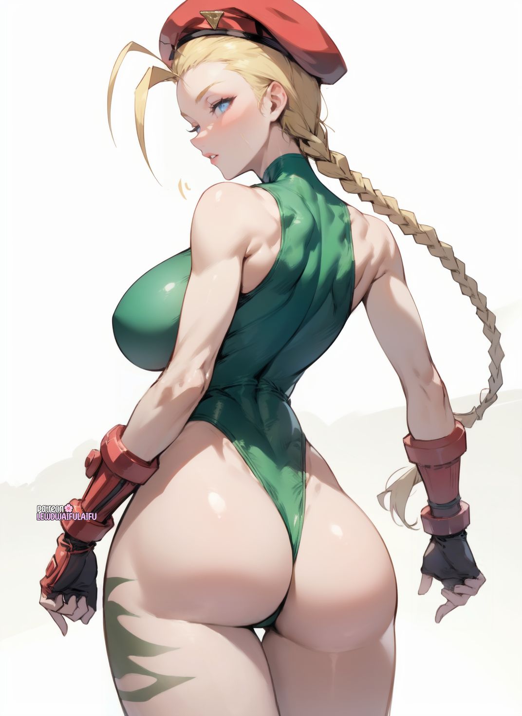 1girls, ai generated, ass, back, back view, bare arms, bare legs, bare shoulders, bare thighs, big ass, big breasts, big butt, blonde hair, blue eyes, blush, breasts, cammy white, capcom, clothed, clothing, color, female, female focus, female only, gloves, hat, hi res, large breasts, lewdwaifulaifu, light skin, light-skinned female, long hair, looking at viewer, looking back, ribbons, solo, solo female, street fighter, tagme, thick thighs