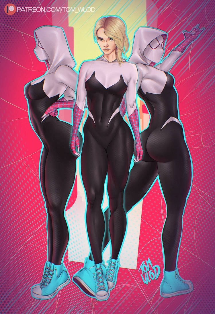 1girls ass athletic athletic_female big_ass blonde_hair eyebrow_piercing female female_only fit fit_female gwen_stacy marvel marvel_comics solo spider-gwen spider-man:_across_the_spider-verse spider-man:_into_the_spider-verse spider-man_(series) straight_hair superheroine thick_ass thick_thighs thighs tight_clothing tom_wlod wide_hips