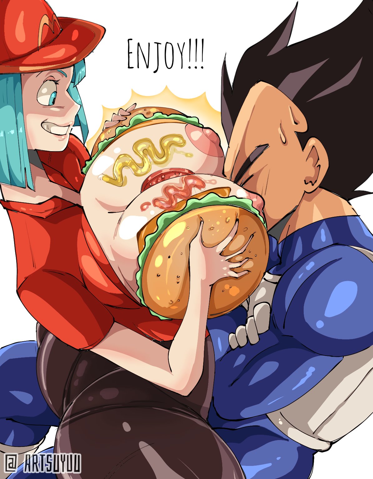 1boy 1girls areolae ass big_breasts blue_eyes blue_hair blush boob_burger breast_squeeze breasts bulma_briefs butt cash cheese cleavage dragon_ball dragon_ball_z face_between_breasts fast_food female huge_ass ketchup large_ass large_breasts lettuce lipstick male mustard name_tag nipples pink_nipples suyuu text thick_thighs thighs tomato vegeta wide_hips your_order_is_ready_(meme)