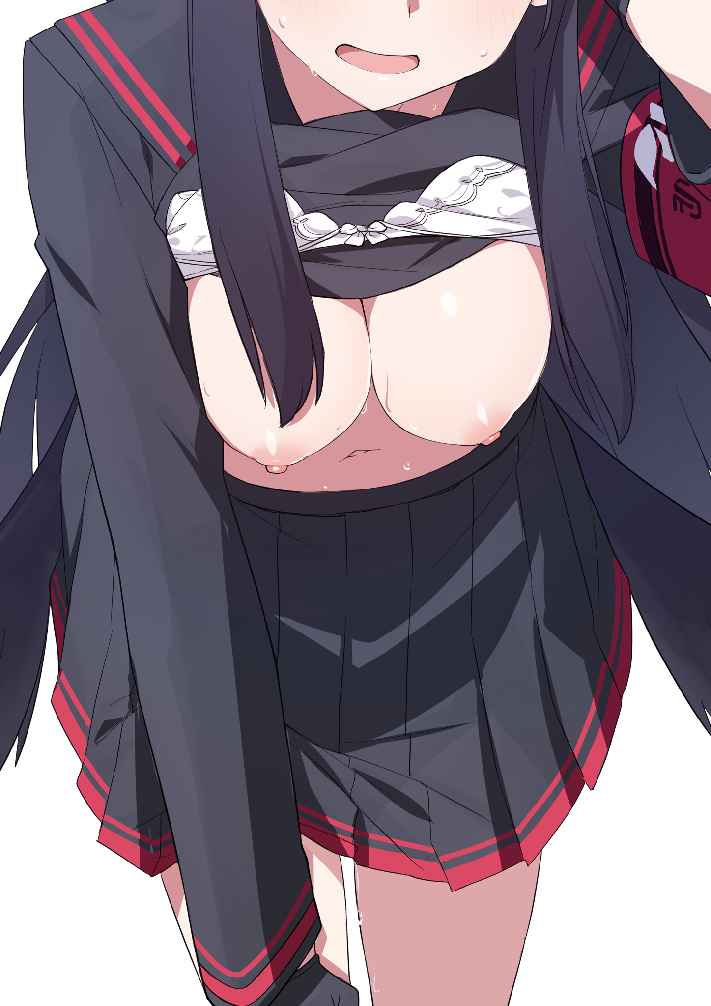 1girls, big breasts, black hair, black serafuku, black skirt, blue archive, bra, bra lift, breasts, female, female only, hanging breasts, head out of frame, highres, ichika (blue archive), justice task force (blue archive), morisobo, nipples, open mouth, school uniform, serafuku, simple background, skirt, solo, solo female, trinity general school student, underwear, white background, white bra