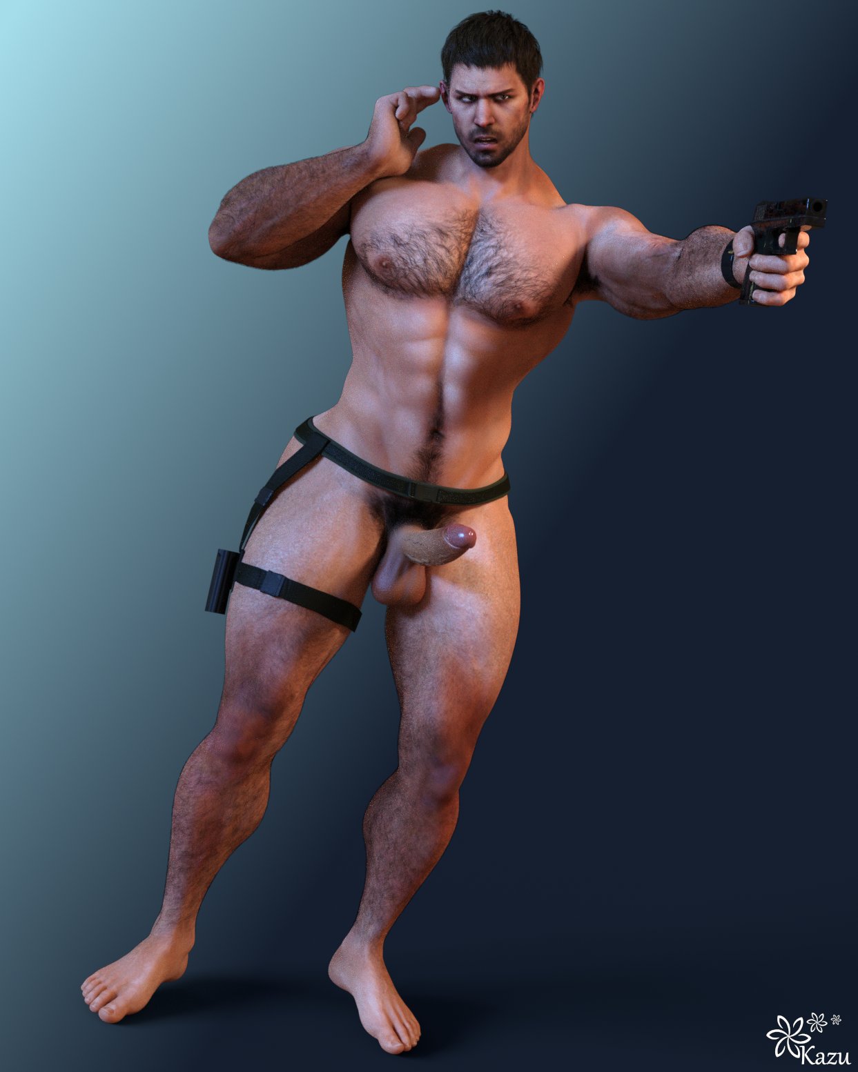 3d 3d_(artwork) 3d_model aiming bara bara_tiddies bara_tits belt blue_eyes brown_hair capcom casual chris_redfield erect_penis erection firearm gun hairy hairy_male handgun happy_trail human kazuworks legwear light-skinned_male light_skin male muscles muscular muscular_male pale_skin pubic_hair resident_evil resident_evil_8:_village solo solo_focus solo_male tactical_nudity weapon