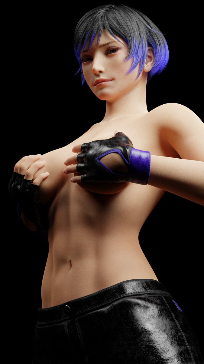 1girls 3d big_breasts black_and_purple_hair blender covahk female female_only jacket jacket_only light-skinned_female model namco reina_mishima solo tekken tekken_8 topless