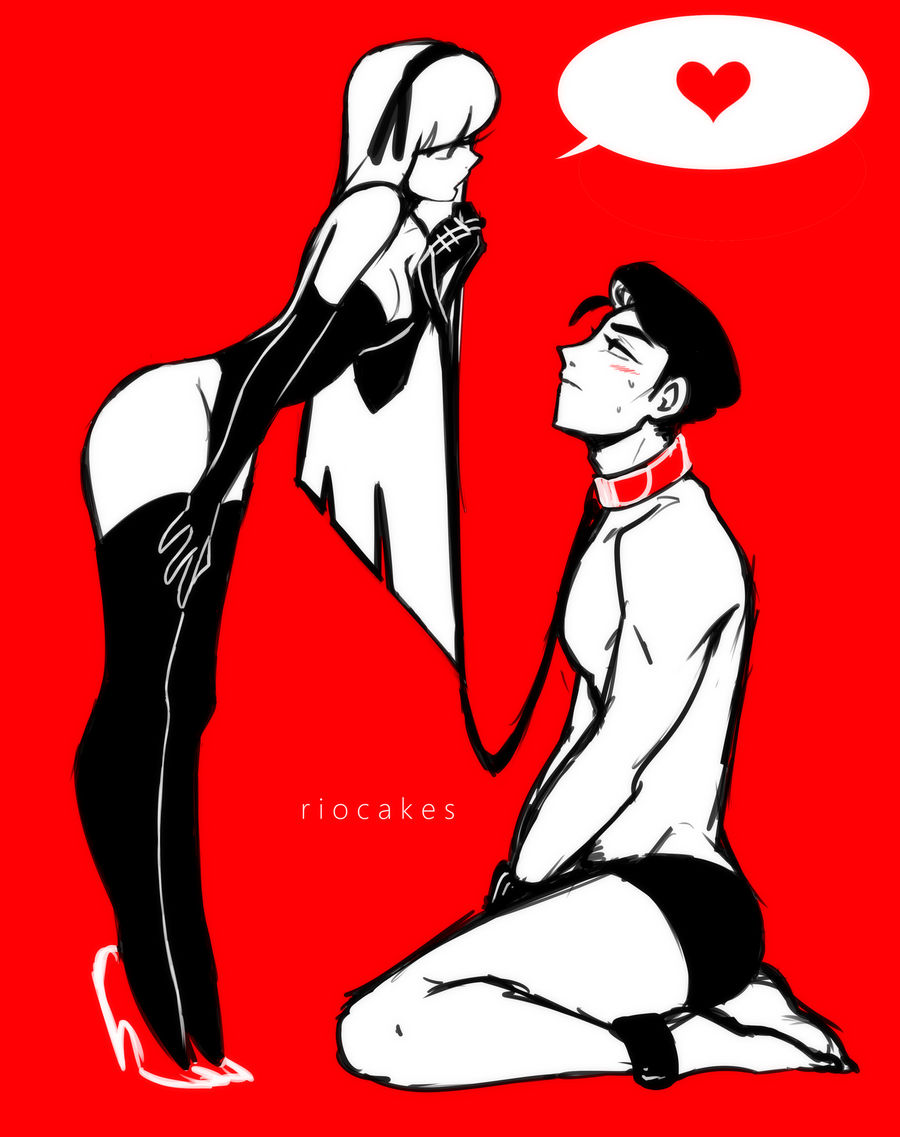 1boy, 1girls, 2016, almost naked, almost nude, ankle cuffs, artist name, black hair, blush, bondage, cleavage, collar, controlled, dominant female, domination, dominatrix, embarrassed, female, femdom, gloves, heart, high heels, kneeling, leash, long hair, male, malesub, original, original character, red theme, riocakes, speech bubble, submissive, thighhighs