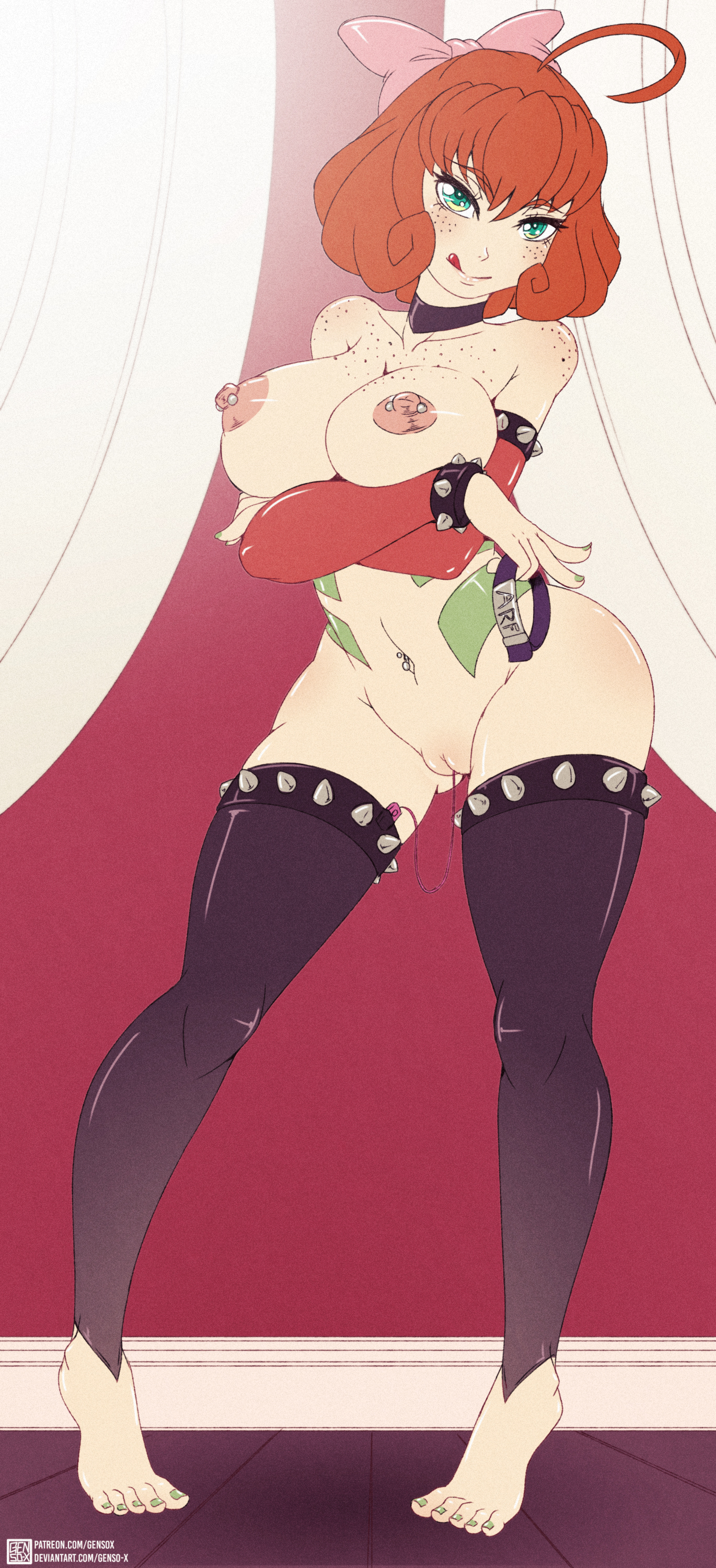 1girls, areolae, big breasts, bow, breasts, female, female only, freckles, freckles on breasts, freckles on face, gensox, hairbow, licking lips, looking at viewer, nipple piercing, nipples, orange hair, penny polendina, piercing, pink bow, pussy, rwby, shaved pussy, shiny hair, shiny skin, solo, tagme