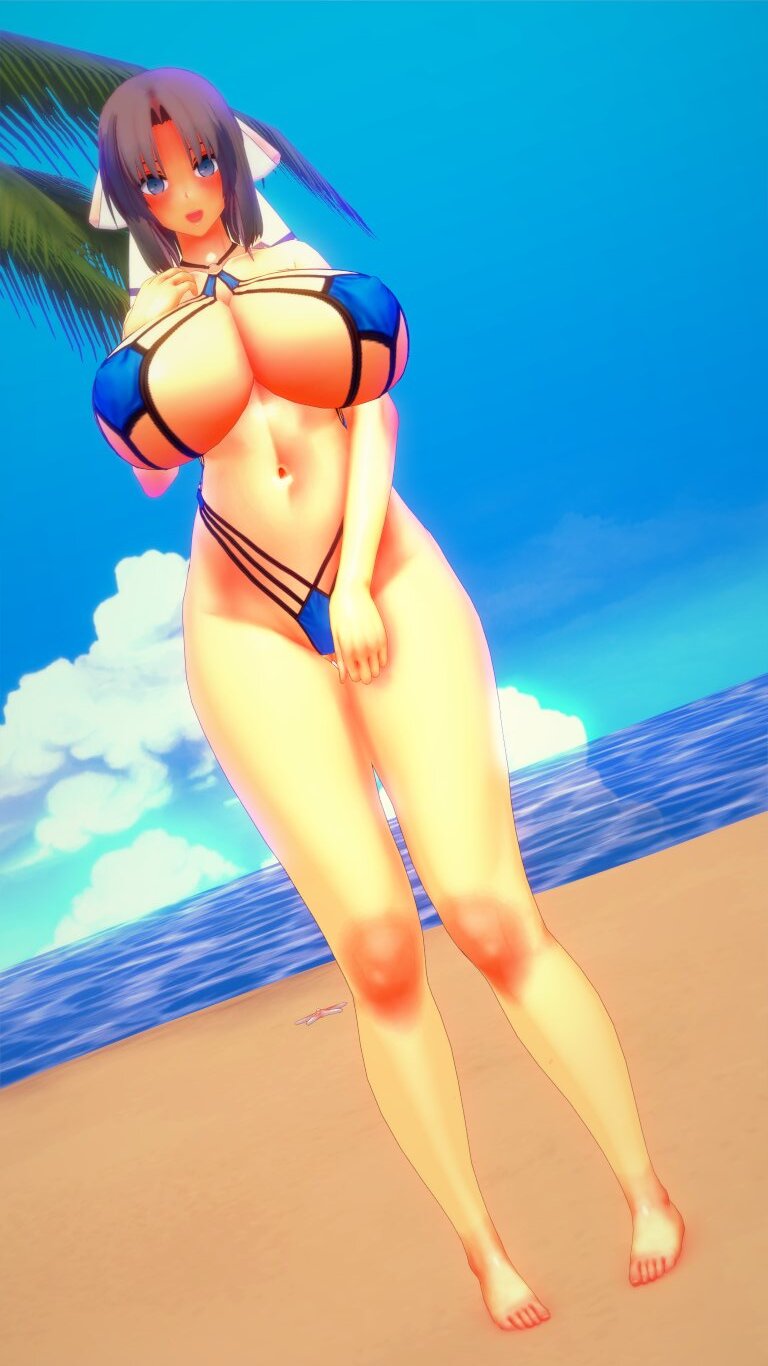 1girls beach big_breasts big_thighs bikini blue_eyes blush breasts busty codeyumi female female_only huge_breasts huge_thighs koikatsu large_breasts large_thighs senran_kagura solo solo_female swimsuit thick_thighs thighs voluptuous yumi_(senran_kagura)