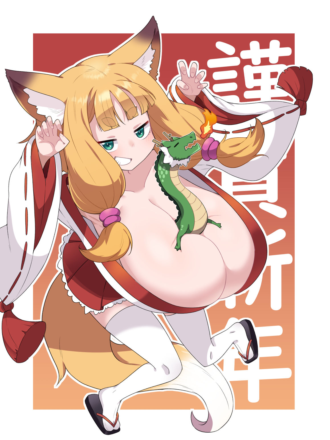 1girls amagaeru_(hylathewet) breasts cleavage dragon dress eastern_dragon female female_only fox_girl goddess huge_breasts japanese_text kemonomimi kitsune looking_at_viewer mayohiga_no_yo_baba-tachi miko new_year orange_hair smile solo thighhighs translation_request year_of_the_dragon yoh_(mayohiga_no_yo_baba-tachi)