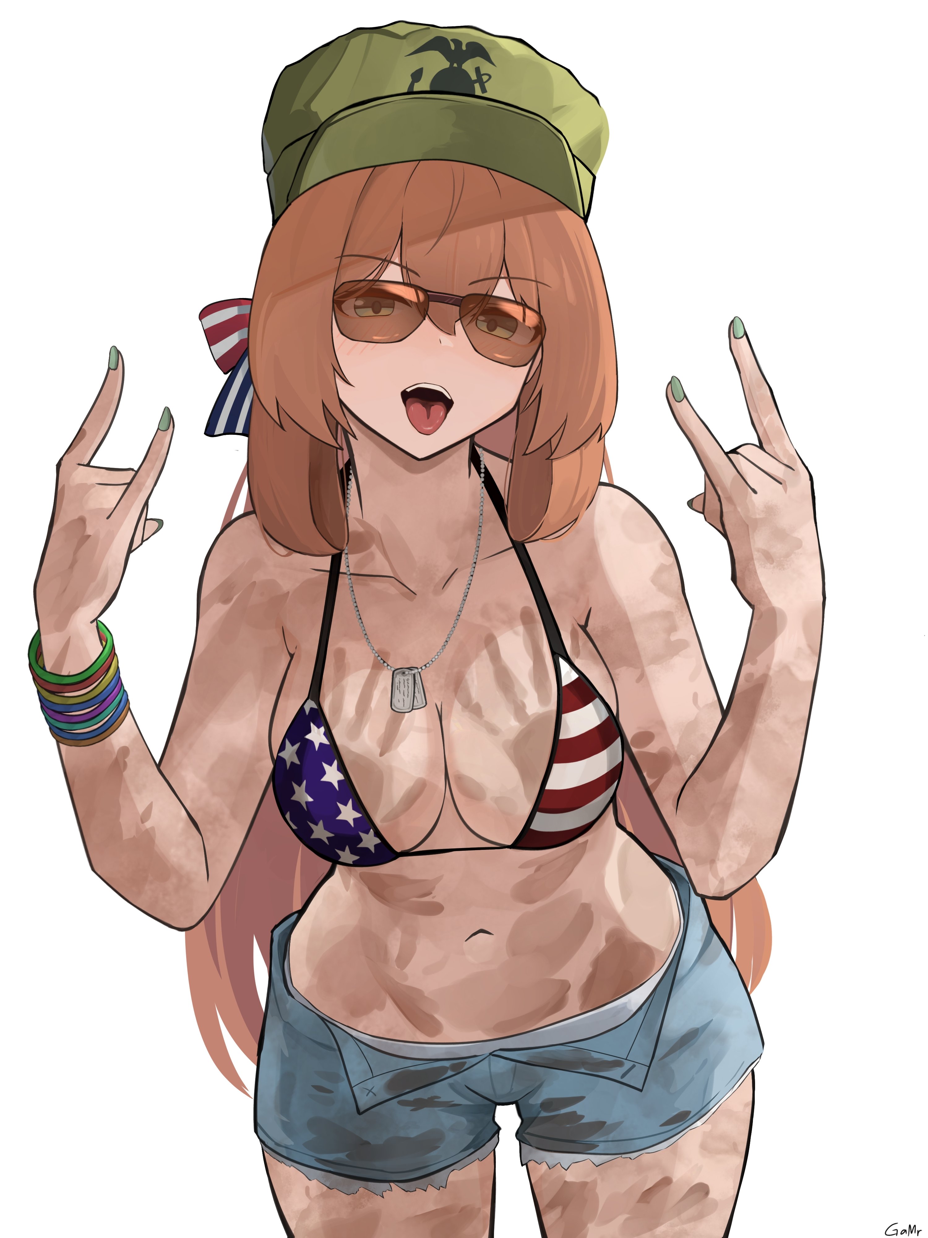 1girls, 2d, 3:4, american flag bikini, big breasts, bikini top, breasts, brown hair, brown-tinted eyewear, cleavage, cosplay, devil horns (gesture), dog tags, female, female only, gamryous, girls' frontline, grand theft auto, grand theft auto vi, hat, hi res, highres, long hair, looking at viewer, mud, mud girl (gta vi), mud girl (gta vi) (cosplay), muddy, open mouth, short shorts, shorts, solo, springfield (girls' frontline), sunglasses, tinted eyewear, tongue, tongue out