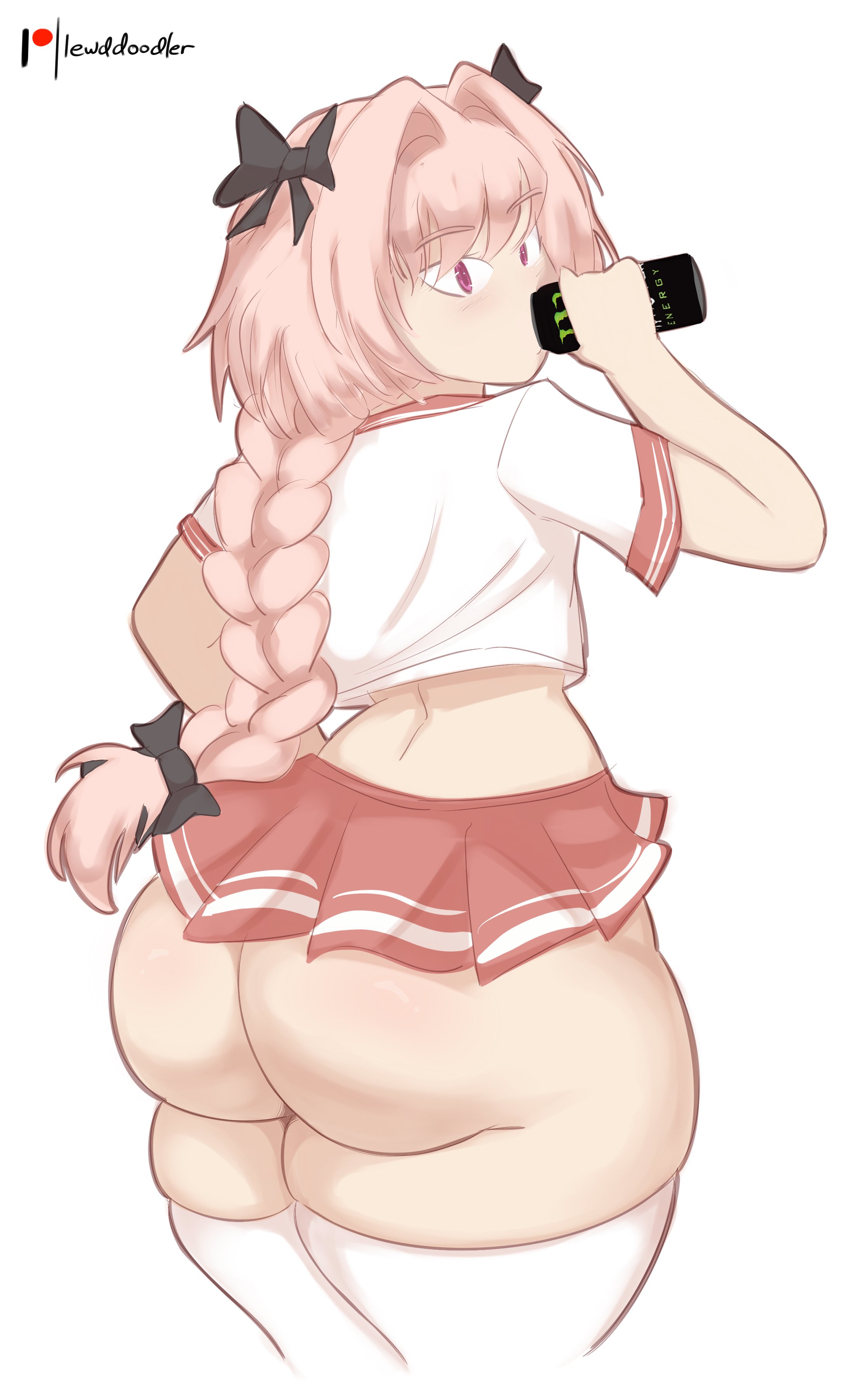 1boy, ass, astolfo (fate), big ass, big butt, bottom heavy, bottom heavy femboy, drinking, eyebrows, fat ass, fat ass femboy, fate (series), fate/grand order, femboy, feminine male, large penis, lewddoodler, looking at viewer, male, male only, monster energy, monster energy drink, no panties, penis, pink eyes, pink hair, ponytail, skirt, skirt too short, thick ass, thick femboy, thick thighs, thighhighs, thighs, thin waist, wide hips