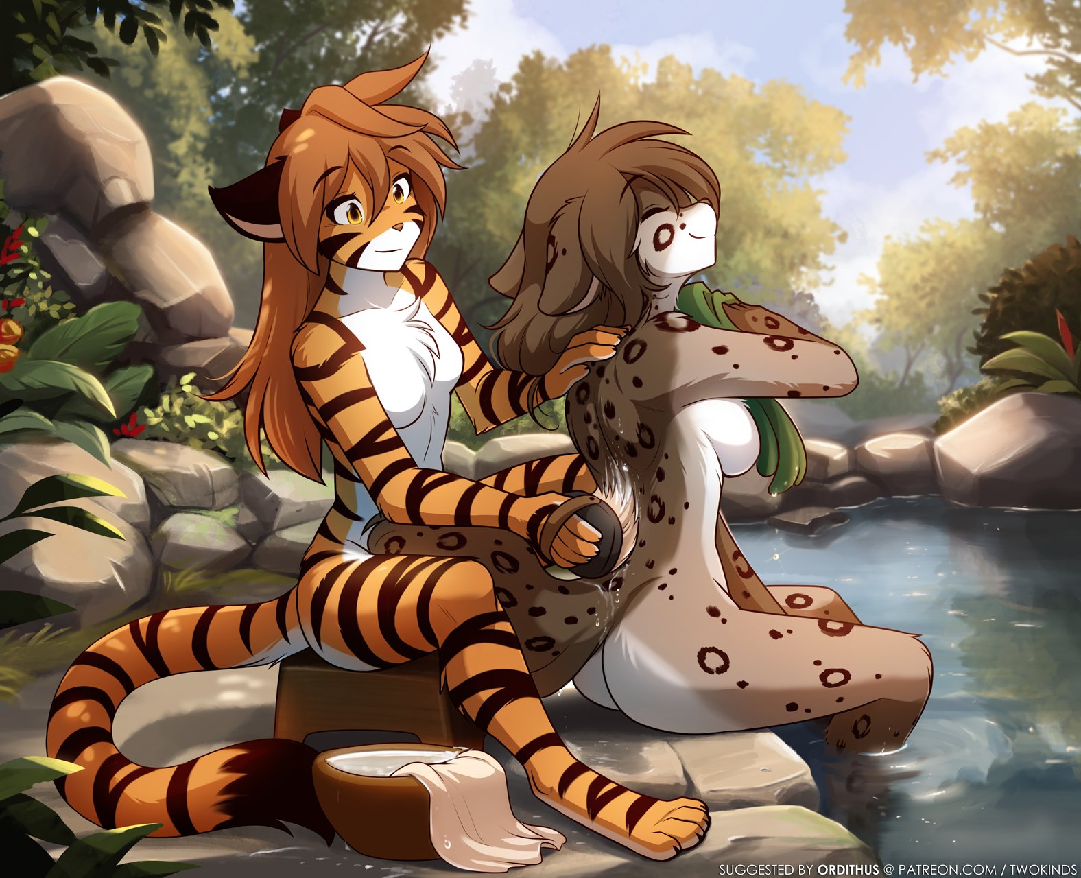 2girls, anthro, anthro only, ass, bathing, breasts, closed eyes, feline, female, female only, flora (twokinds), grey fur, kathrin (twokinds), nude, orange eyes, orange fur, outdoor bathing, outdoor nudity, outdoors, stripes, tagme, tiger, tom fischbach, towel, twokinds, washing another, washing back