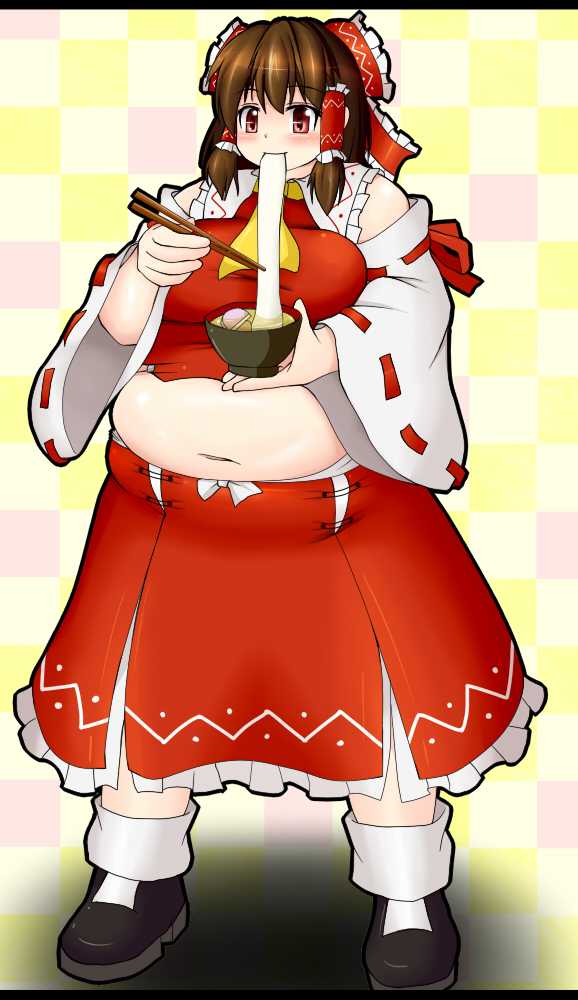 bbw belly_overhang big_belly big_breasts big_female blush chubby chubby_female eating embarrassed fat fat_ass fat_female fat_fetish fat_girl fat_woman fatty large_female nerizou obese obese_female overweight overweight_female plump pork_chop reimu_hakurei thick_thighs touhou tubby weight_gain