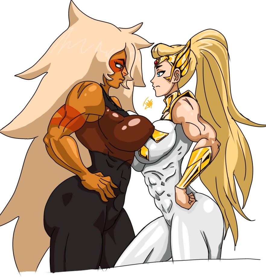 2girls abs adora alien_humanoid buff_female cartoon_network gem_(species) gemstone jasper jasper_(gem) jasper_(steven_universe) kira_zweiss muscle_girl muscles she-ra she-ra_and_the_princesses_of_power spop steven_universe toned_female yuri