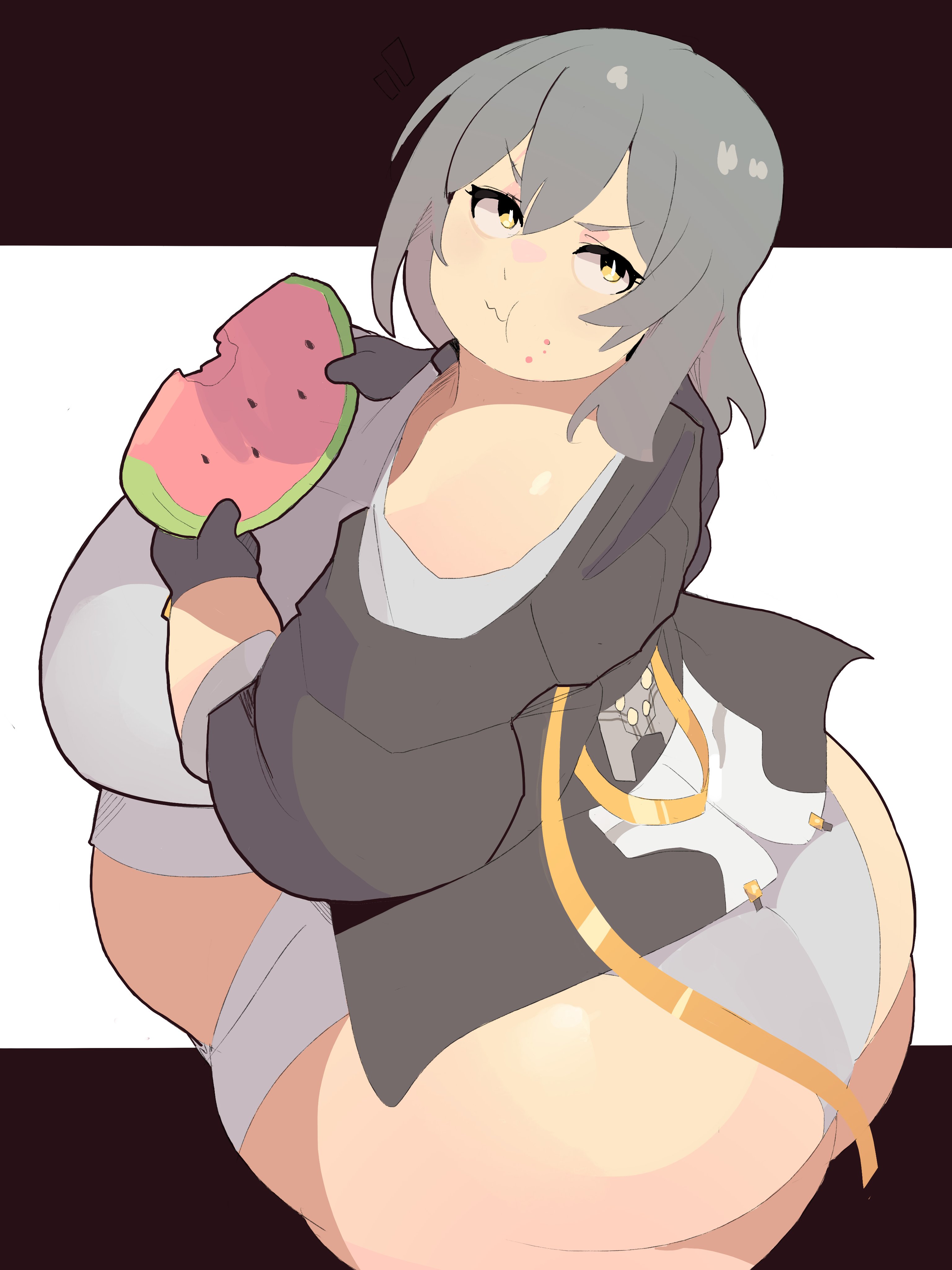1girls, 2023, 2d, absurd res, ass, bbw, belly, breasts, chubby, chubby female, curvaceous, curvy, eating, fat, female, female focus, grey hair, hips, honkai (series), honkai: star rail, huge ass, huge belly, huge breasts, looking back, medium hair, napolitane, plump, solo, solo female, solo focus, stelle (honkai: star rail), tummy, voluptuous, wide hips