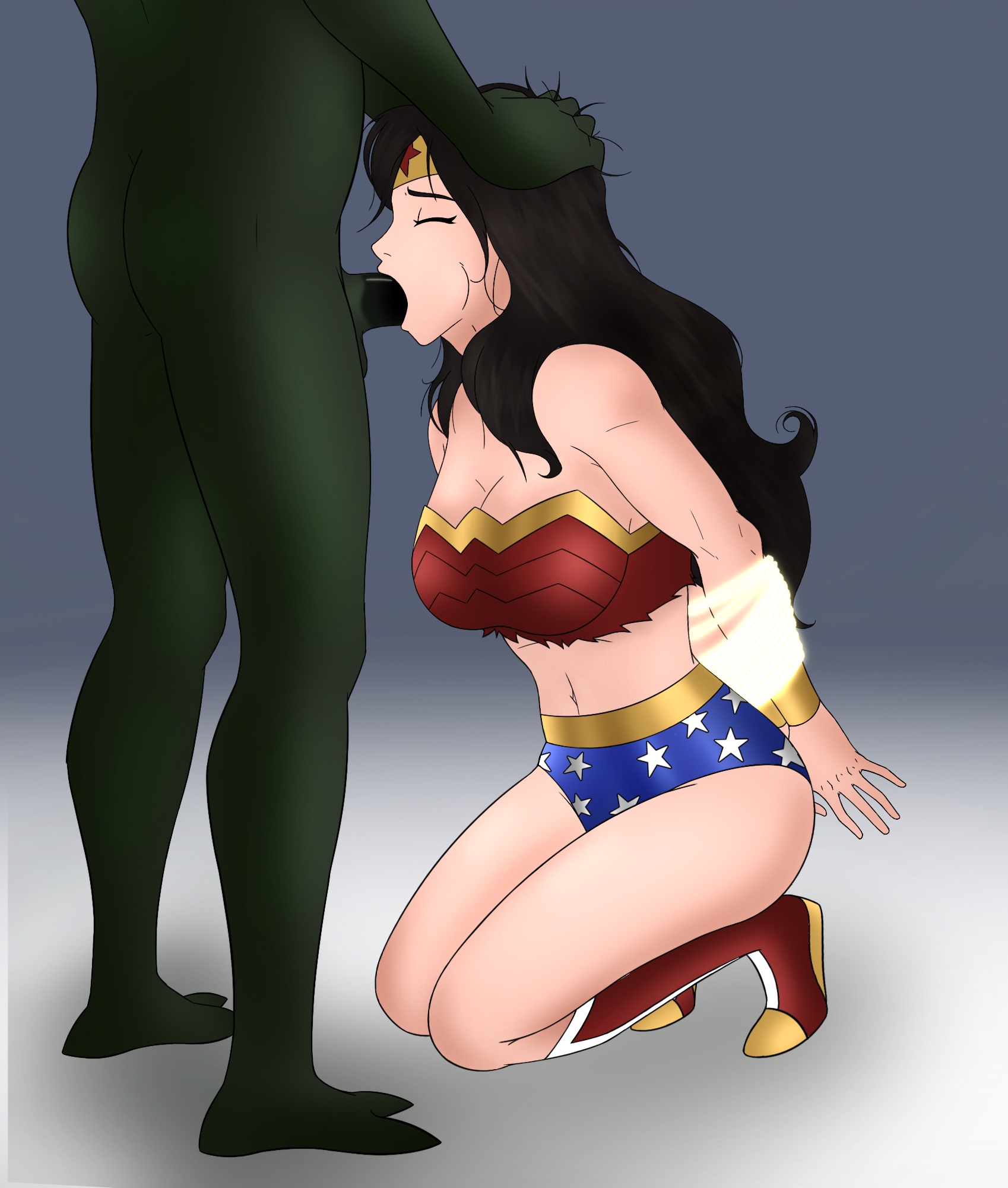 allnew alldifferent, arms behind back, arms tied, blowjob, captured, dc, dc comics, defeated, defeated heroine, diana prince, female, forced, forced oral, goblin, lasso of truth, male, orc, powerless, rape, rope, tied up, wonder woman, wonder woman (series)