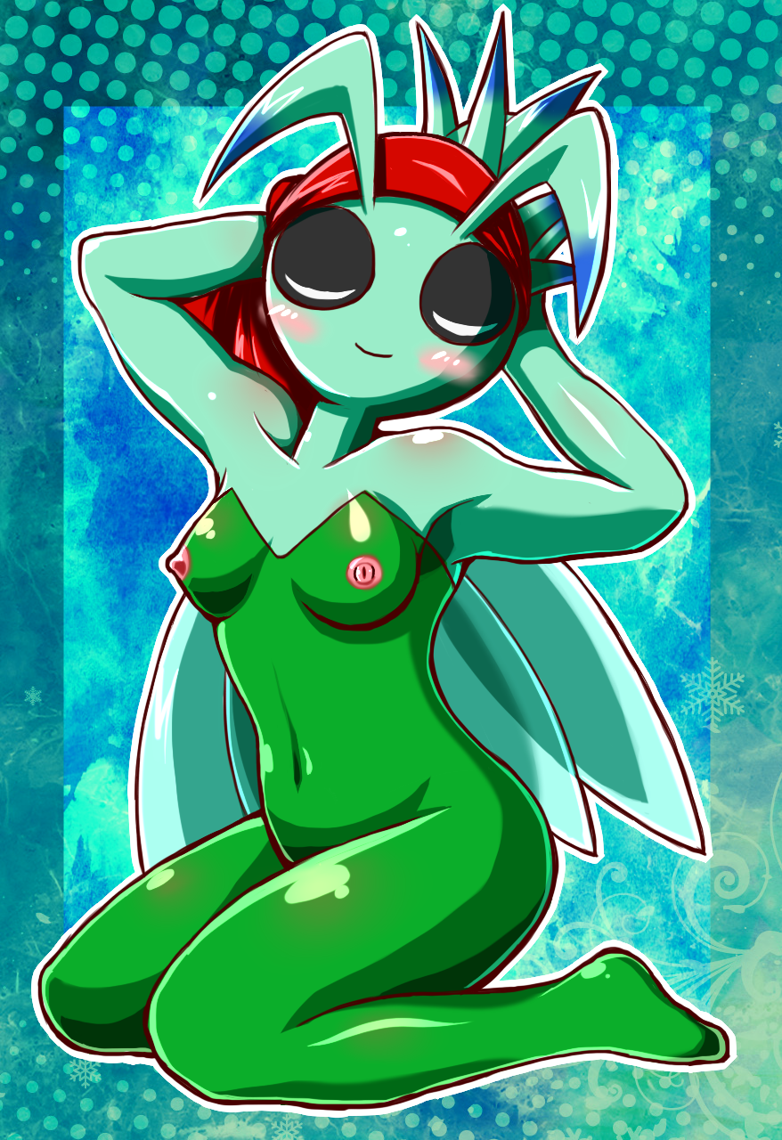 anthro armpits blush breasts celebi closed_eyes daydream digital_media_(artwork) hands_behind_head kneeling legs nipples pokémon_(species) pokemon pokemon_(species) small_breasts thighs tokemaru