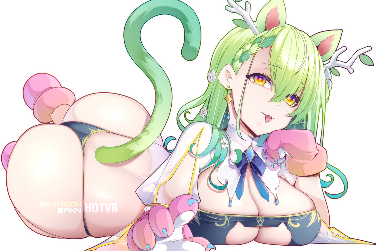 1girls, ass, breasts, cat ears, cat girl, catgirl, ceres fauna, female, green hair, hololive, hololive english, hololive english -council-, hololive english -promise-, hotvr, huge ass, huge breasts, light skin, light-skinned female, long hair, naughty face, paw gloves, thick thighs, virtual youtuber