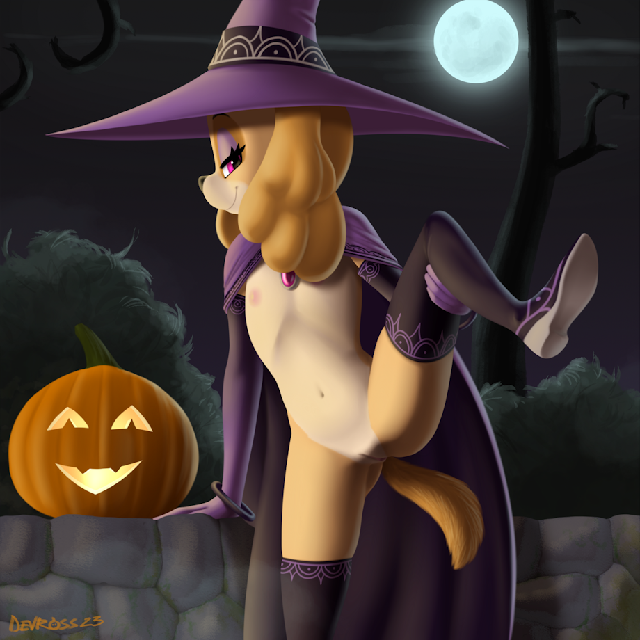 1girls anthro anthropomorphic breasts canine canine_genitalia canine_humanoid canine_pussy cockapoo cub devo87 female flat_chest halloween jack-o'-lantern leg_lift nipples paw_patrol presenting pussy skye_(paw_patrol) smile solo witch_costume witch_hat young