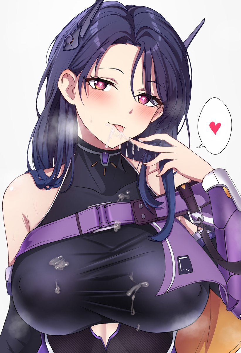 1girls, armwear, bare shoulders, big breasts, black hair, blush, breasts, clothing, cum, cum drip, cum on breasts, cum on face, female, female only, fingers, goddess of victory: nikke, hair ornament, heart, heart-shaped pupils, hi res, isabel (nikke), licking, licking cum, light skin, light-skinned female, long hair, looking at viewer, midhorny, nipple bulge, pink eyes, seductive, solo, spoken heart, tongue, topwear, white background