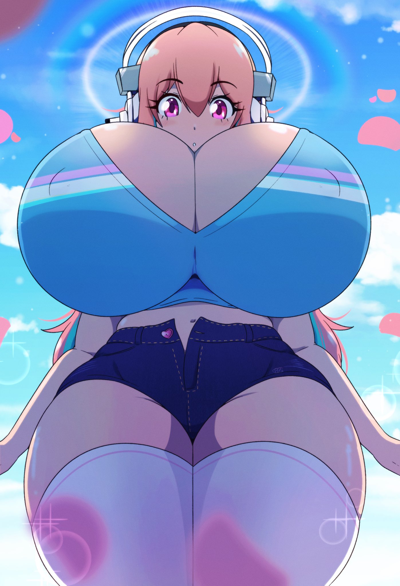 1girls, big breasts, breasts, cleavage cutout, enormous breasts, eyebrows visible through hair, female, from below, gigantic breasts, headphones, headwear, huge breasts, hyper sonia (riley moore), large breasts, light skin, light-skinned female, massive breasts, nipple bulge, nitroplus, pink eyes, pink hair, purpleguyri, riley moore (artist), shorts, slim waist, smooth skin, solo, solo female, solo focus, super sonico, thick thighs, thighhighs, thin waist, voluptuous, voluptuous female
