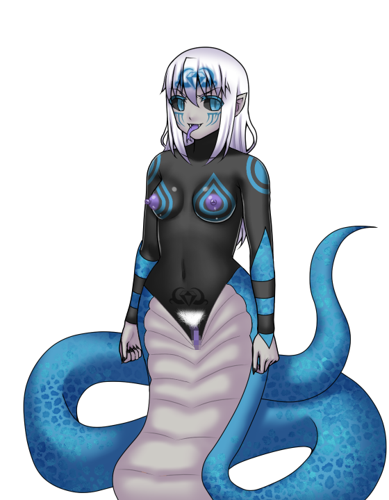 corruption dark_persona enemy_conversion female hair_color_change icelee lamia monster_girl naga nipples nude post_transformation pussy skin_color_change small_breasts species_transformation transformation