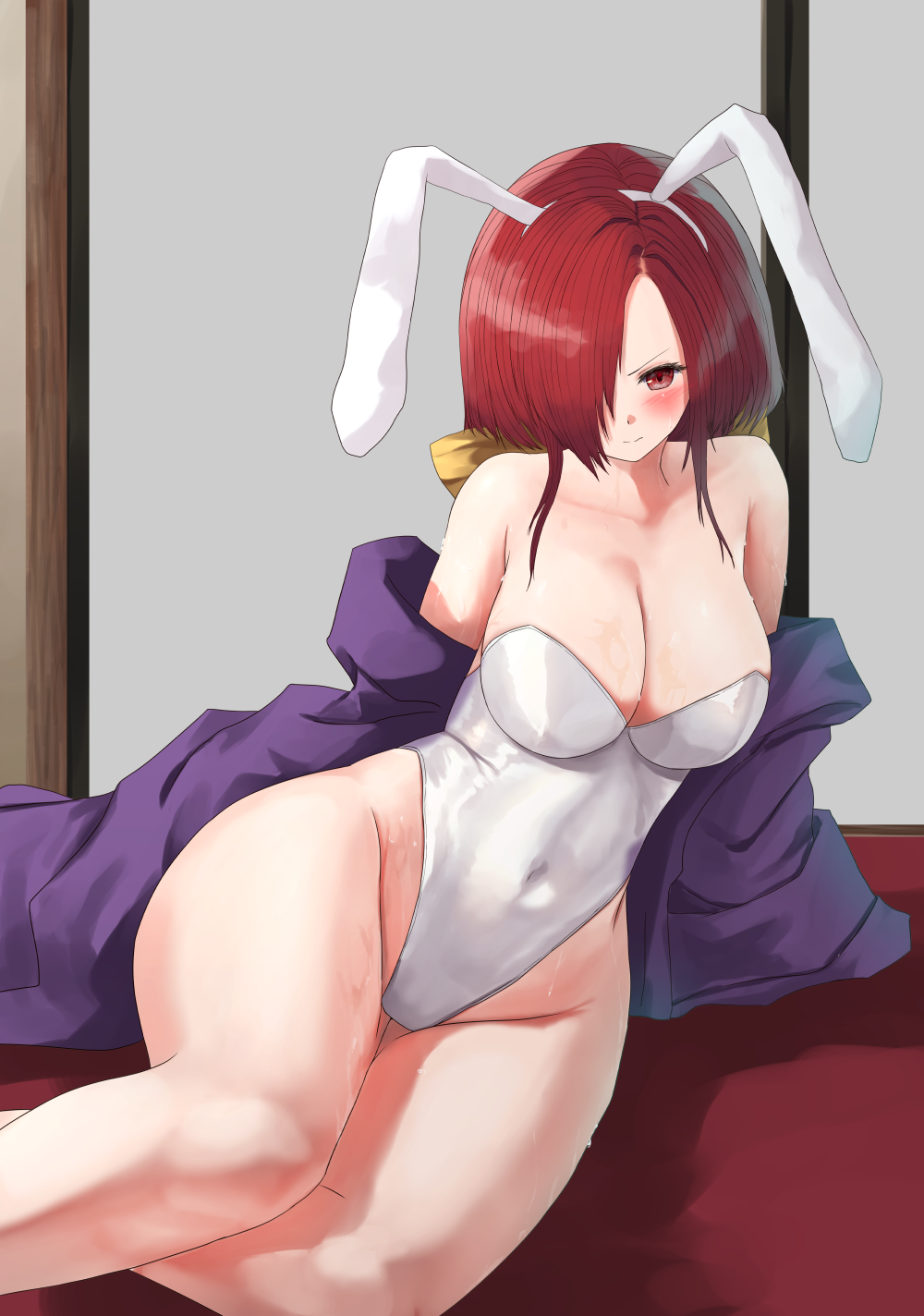 1girls 2d 2d_(artwork) alternate_version_available angry angry_expression angry_eyes angry_face bare_legs bare_shoulders belly_button belly_button_visible_through_clothing big_breasts blush blush_lines breasts bunny_ears bunnysuit clothed clothed_female clothing dot_nose female female_focus hair_over_eye hair_over_one_eye hair_ribbon hairbow hips human indoors junihitoe kotohime kotohime_(touhou) legs light-skinned_female light_skin looking_at_viewer lying_on_floor lying_on_side police_officer ponytail princess purple_junihitoe red_eyes red_hair royalty sidelocks source sweat sweating sweaty teruteru12 thick_hips thick_thighs thighs tied_hair touhou touhou_(pc-98) white_bunnysuit yellow_bow yellow_hair_ribbon yellow_ribbon