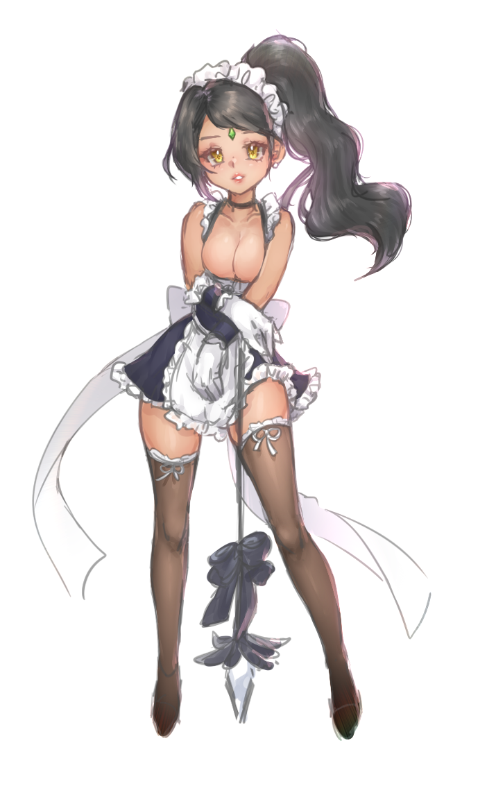 1girl 1girls big_breasts black_hair black_hair_female boob_window bow bowtie breast_focus chest_focus female forehead_jewel french_maid french_maid_nidalee gem_on_forehead hayaku_(artist) jewel_on_forehead league_of_legends lipstick maid maid_apron maid_headdress maid_outfit maid_stockings maid_uniform nidalee orange_eyes orange_eyes_female ponytail ponytail_female riot_games simple_background solo solo_female solo_focus spear stockings the_grind_series white_background