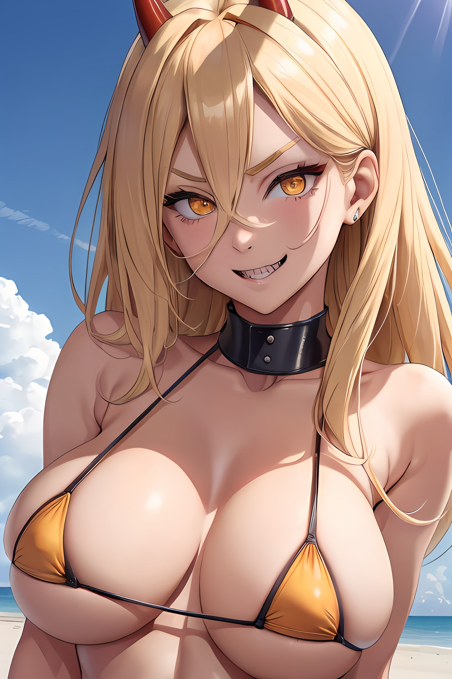 ai generated, beach, big breasts, bikini, breasts, chainsaw man, female, female only, power (chainsaw man)