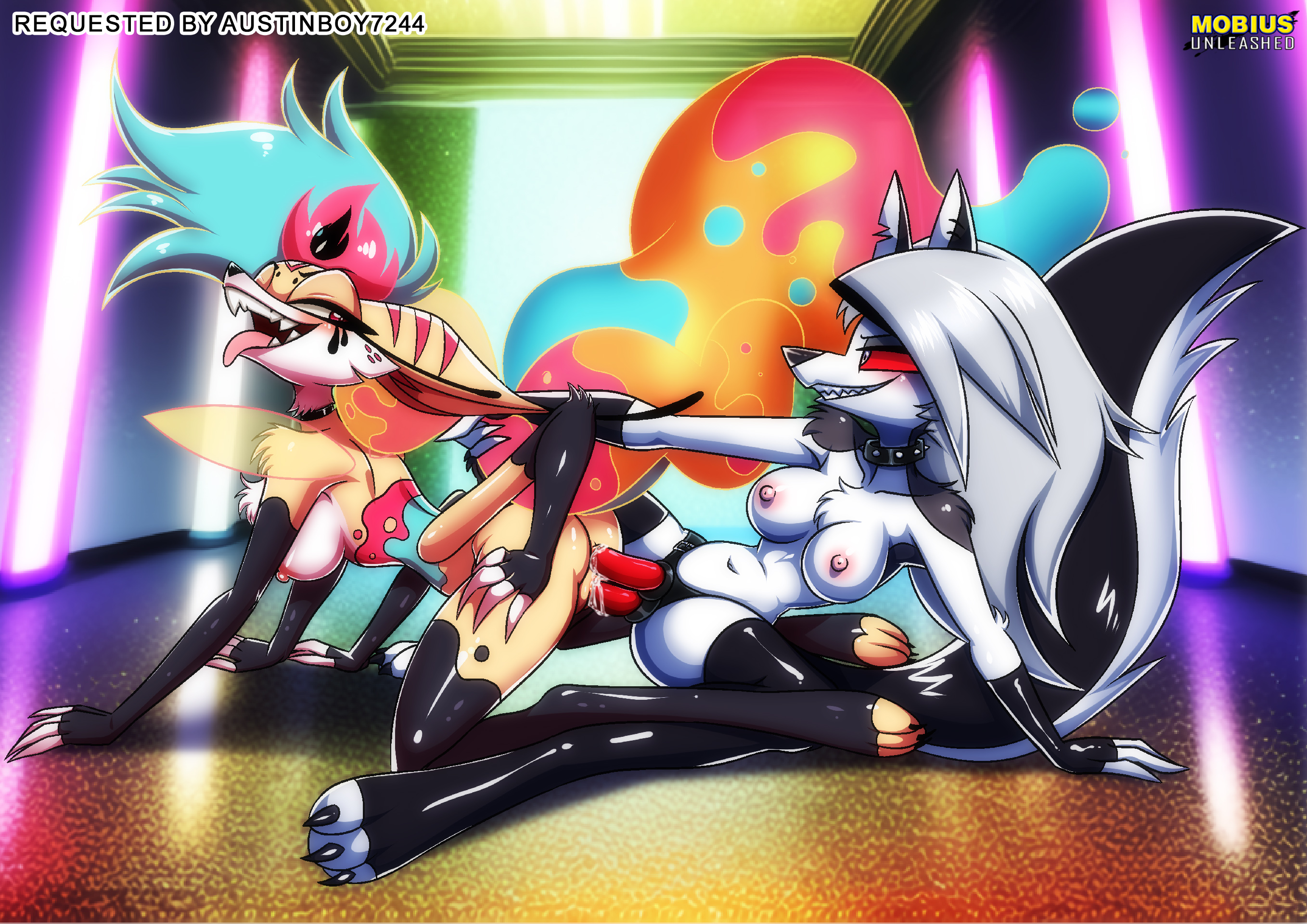 2girls, anthro, armwear, ass, bbmbbf, blush, breasts, dildo in ass, dildo in pussy, female, female only, female/female, fingerless gloves, furry, gloves, helluva boss, legwear, looking back, loona (helluva boss), multiple females, multiple girls, no bra, no panties, nude, open mouth, palcomix, pussy, queen bee-lzebub (helluva boss), sex, sex toy, strap-on, strapon, thighhighs, toeless legwear, tongue, vaginal, vaginal penetration, vaginal sex, yuri