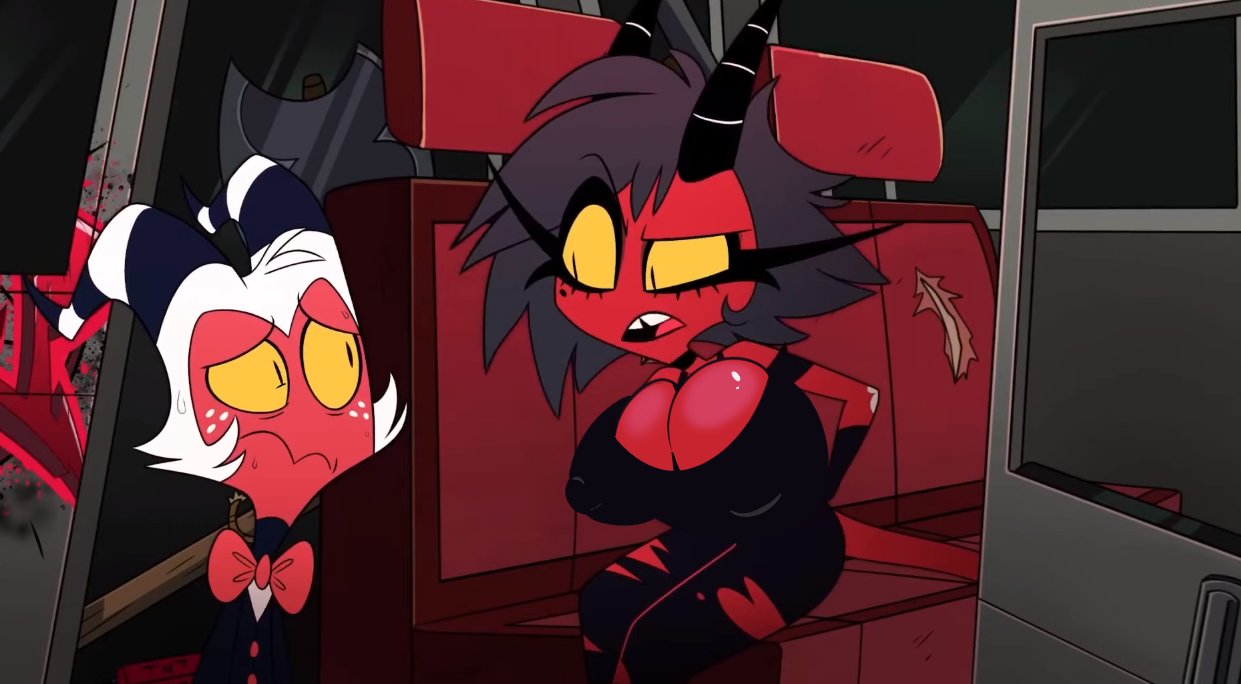 accurate art style, artzazz, big breasts, boob window, breasts, clothed, demon, demon girl, edit, female, helluva boss, millie (helluva boss), moxxie (helluva boss), nipples visible through clothing, no bra, screenshot edit