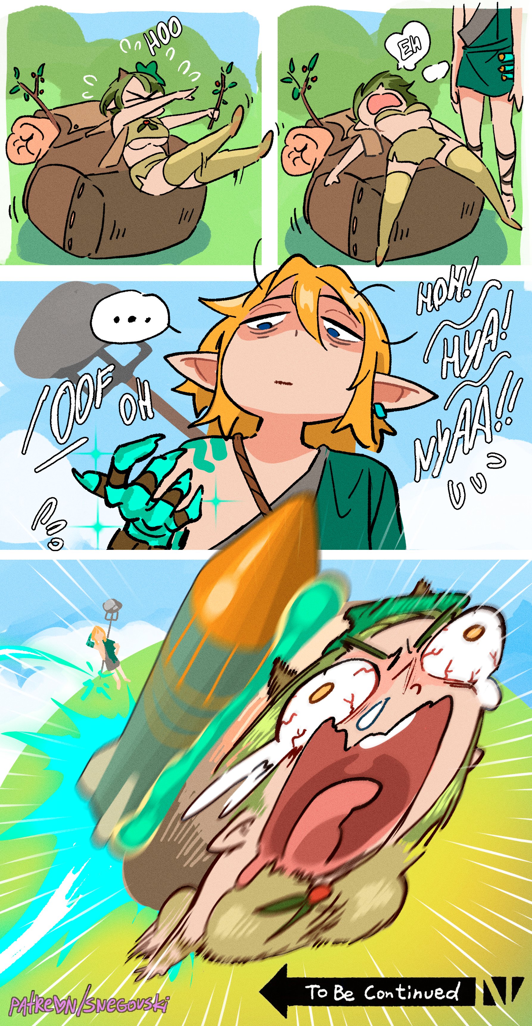 1boy, 1girls, abuse, breasts, comedy, exhausted, female, funny, human, humanized, humor, korok, lazy, link, link (tears of the kingdom), male, meme, nintendo, short shorts, shorts, snegovski, spread legs, tears of the kingdom, the legend of zelda, tired, underboob