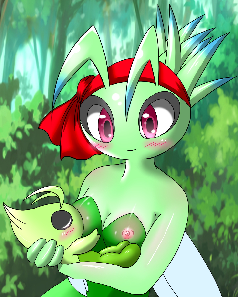 areolae blush breastfeeding breasts celebi looking_at_another milf nipples no_humans pokémon_(species) pokemon pokemon_(species) small_breasts tokemaru