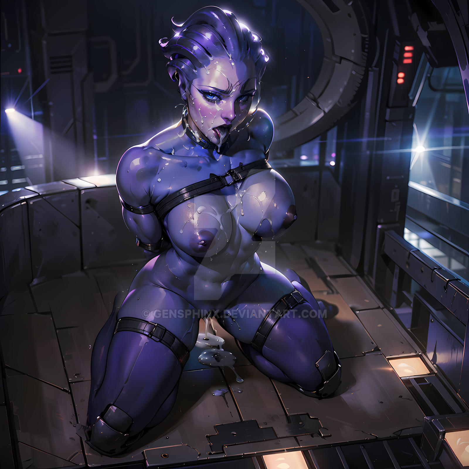 1girls, after rape, after sex, ai generated, aria t'loak, arms behind back, arms tied behind back, asari, big breasts, blue eyes, bondage, breasts, captured, collar, cum, cum dripping, cum in mouth, cum in pussy, cum leaking, cum leaking out of pussy, cum on face, cum on tongue, female, female only, gensphinx, mass effect, mass effect 2, mass effect 3, purple skin, pussy, restrained, restrained arms, slave, slave girl, solo, sweat, sweaty skin, thigh highs, thighhighs