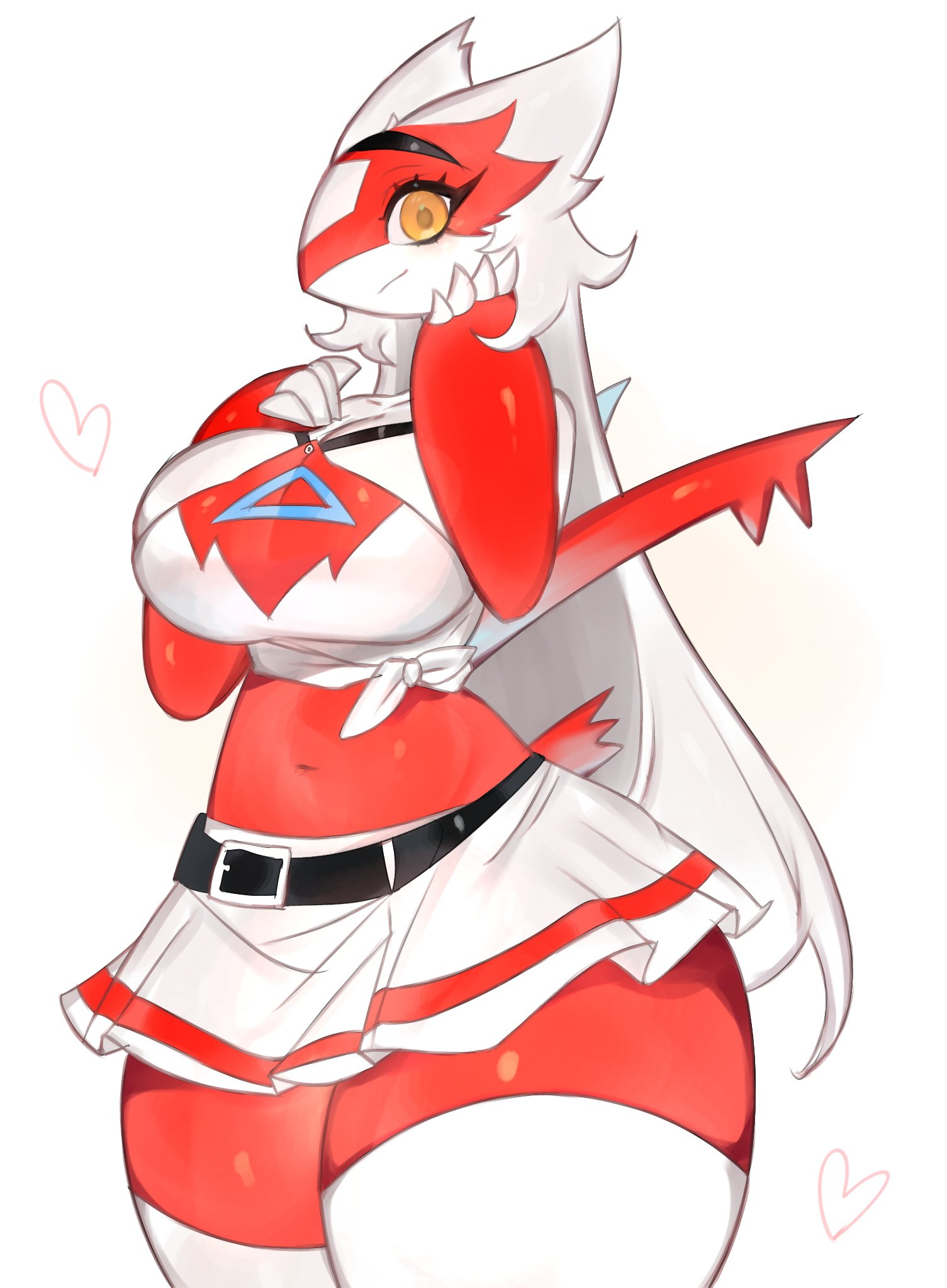 anthro, belt, big breasts, big thighs, breasts, clothed, female, heart, humanoid, latias, no humans, pokemon, pokemon (species), skirt, smile, thick thighs, togetoge
