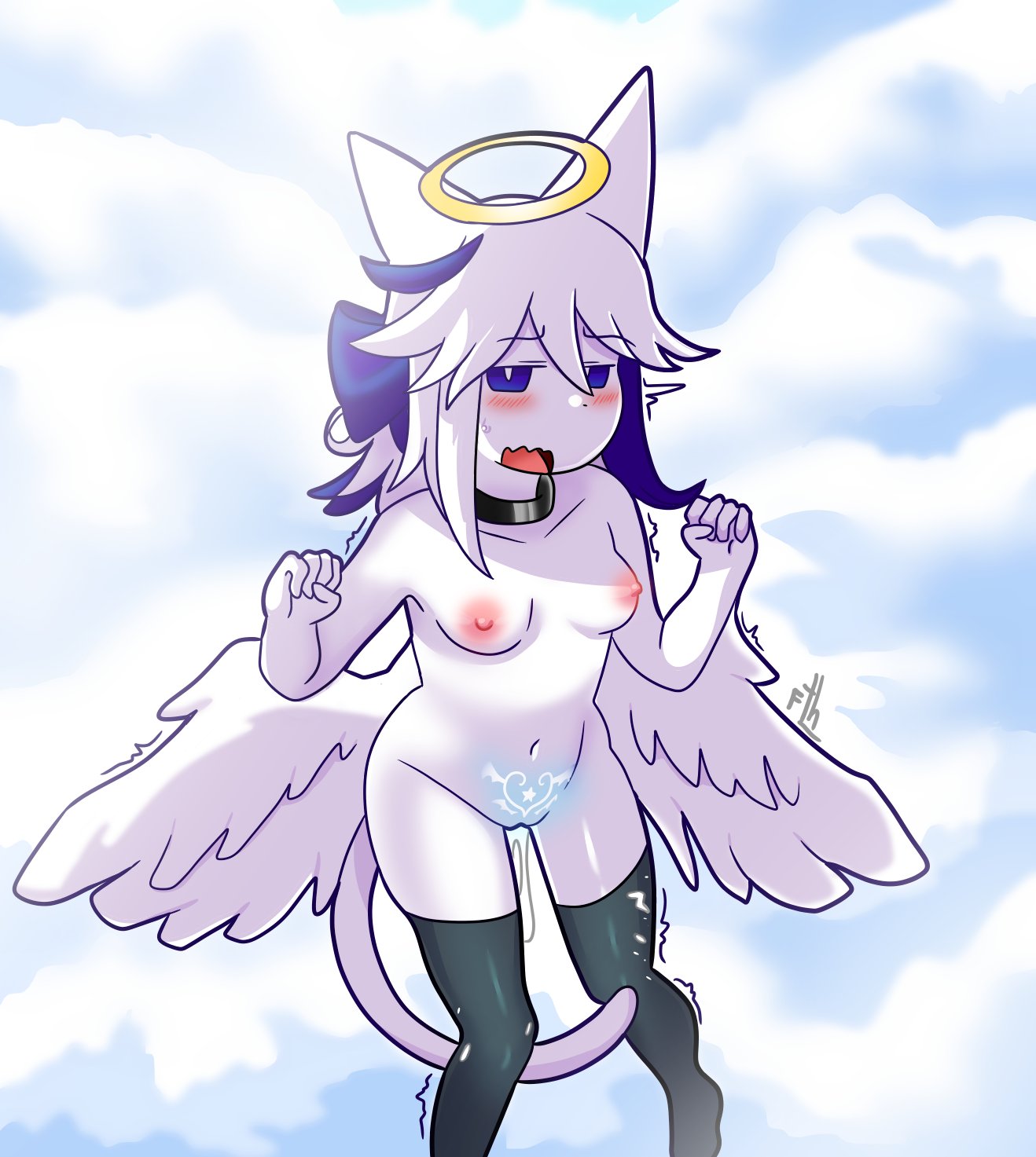 1girls angel angel_girl angel_halo angel_wings animal_ears animal_tail blue_hair bow cat_ears cat_tail catgirl cum cum_drip cum_dripping_out_of_pussy cum_in_pussy elwine female female_only freidesuu funamusea hairbow halo highlights navel pubic_tattoo pussy small_breasts solo solo_female two_tone_hair vagina white_hair