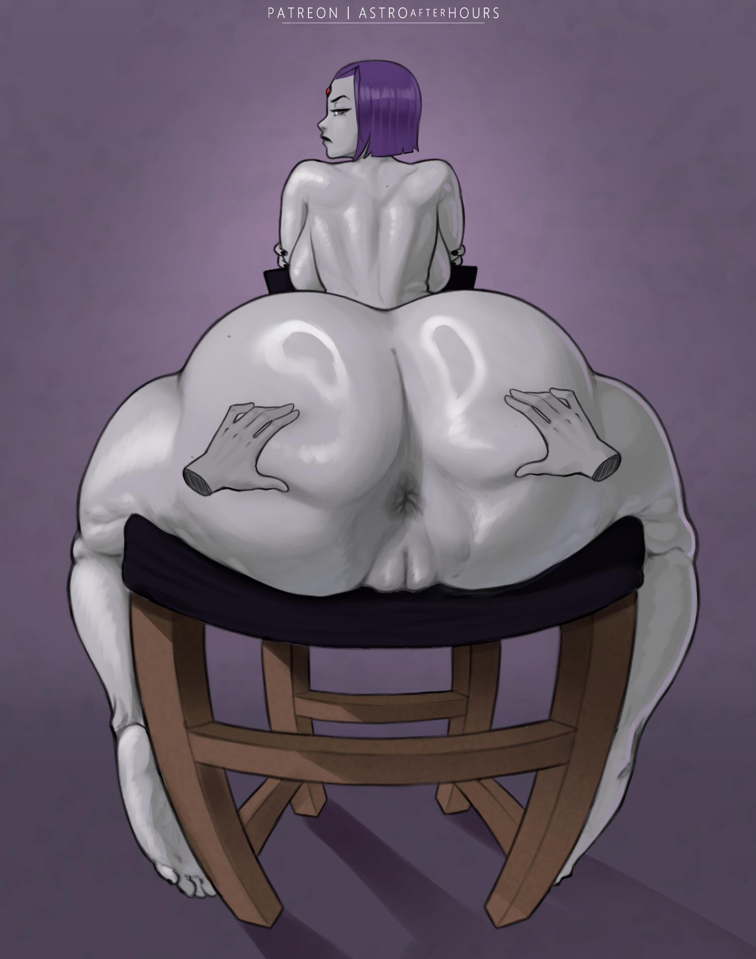 1girls, alternate version available, anus, ass, backboob, barefoot, big ass, bottom heavy, breasts, bubble ass, bubble butt, chair, dc, dc comics, disembodied hands, fat ass, feet, female, grey skin, huge ass, ignantastro, large ass, looking at viewer, looking back, massive ass, nude, nude female, offscreen character, purple hair, pussy, rachel roth, raven (dc), sitting, sitting backwards, spread ass, spreading, stardustpapi, teen titans, thick ass, thick thighs, wide hips