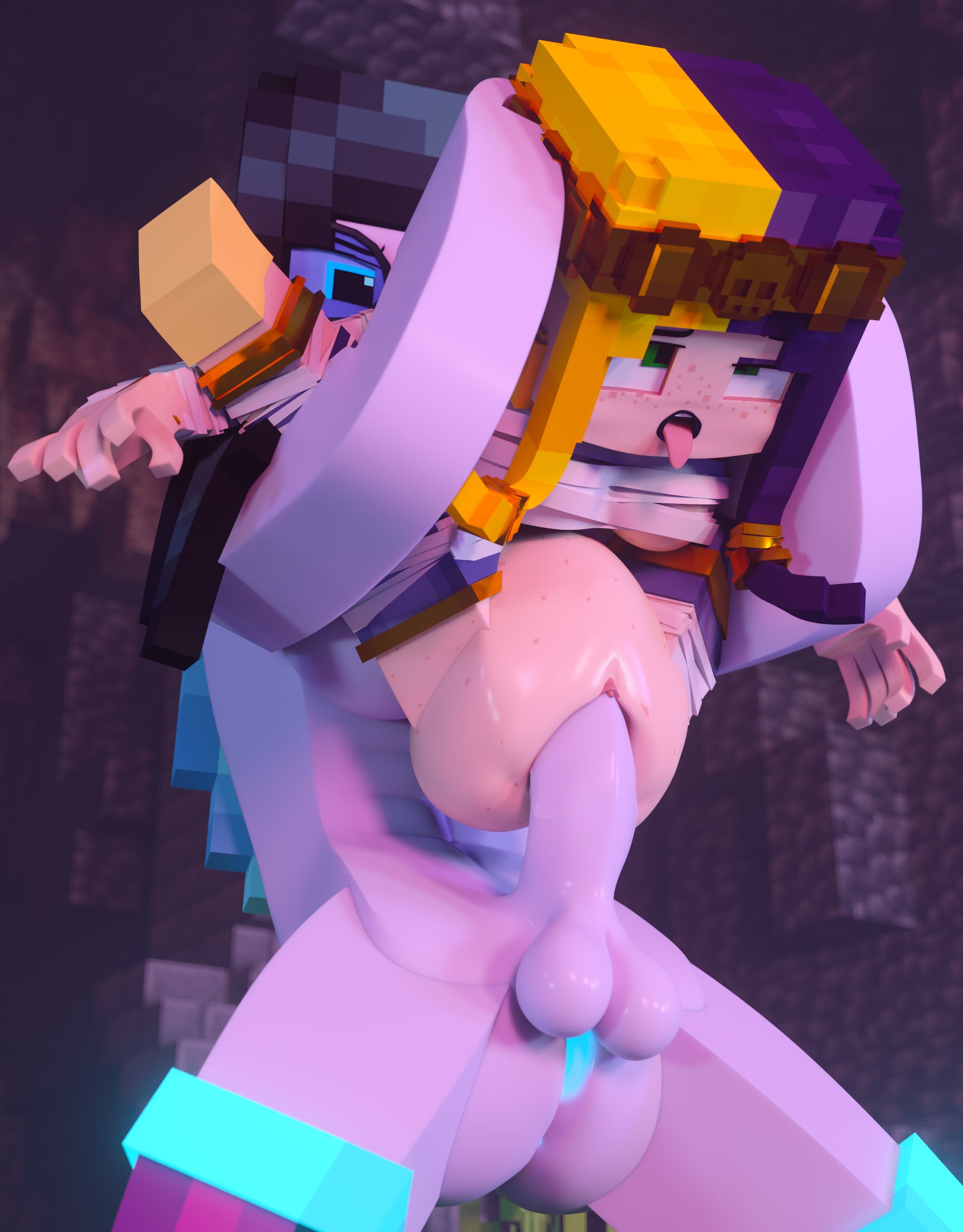 1futa, 1girls, 3d, alternate costume, balls, black hair, blonde hair, ellie walls (odysseyellie), eyes rolling back, female, female penetrated, freckles, freckles on face, full-package futa, futa on female, futa penetrating, futanari, green eyes, halloween costume, intersex, light skin, light-skinned female, mine-imator, minecraft, mori rose (morirosemc), morirosemc, multicolored hair, open mouth, penetration, penis, penis in pussy, pussy, sex, tongue, tongue out, vagina, vaginal penetration, vaginal sex