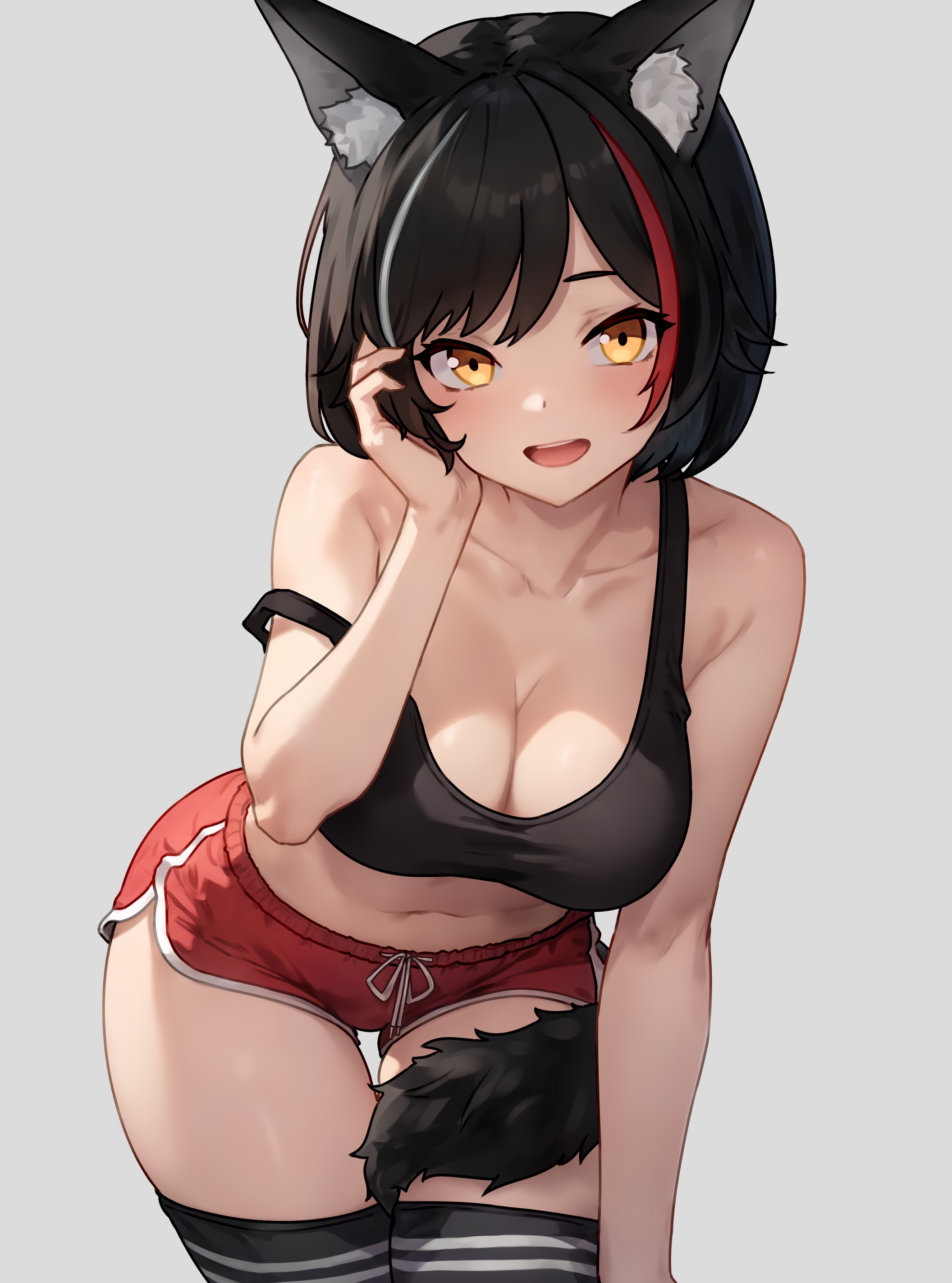 1girls, alternate hairstyle, black hair, bluefield, booty shorts, breasts, cleavage, dolphin shorts, female, higher resolution available, hololive, hololive gamers, hololive japan, huge breasts, light skin, light-skinned female, ookami mio, short hair, short shorts, shorts, smile, sports bra, sportswear, tail, virtual youtuber, wolf ears, wolf girl