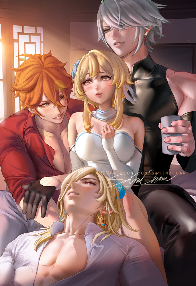 1girls 3boys alhaitham_(genshin_impact) blonde_female blonde_hair childe_(genshin_impact) cleavage female genshin_impact ginger gloves grey_hair kaveh_(genshin_impact) lumine_(genshin_impact) male male/female male_chest male_cleavage muscular muscular_male open_shirt reverse_harem sakimichan skin_tight tartaglia_(genshin_impact) tight_clothing yellow_eyes