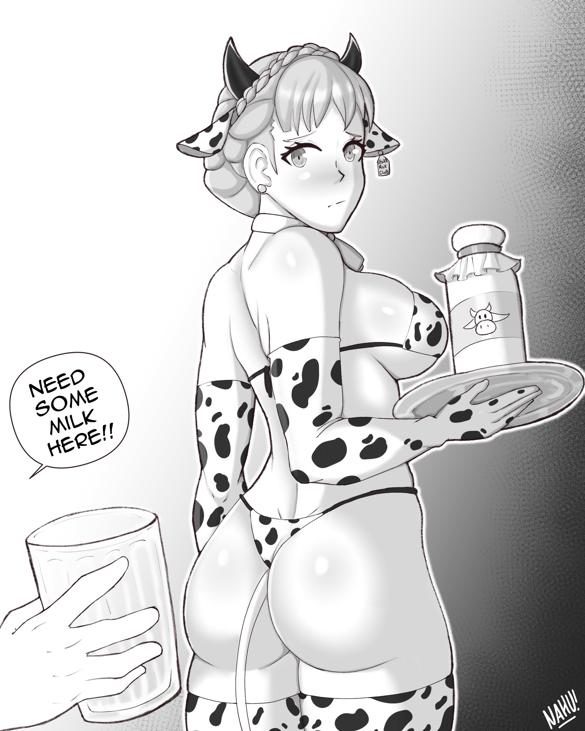 1girls, ass, back, bare back, bare thighs, big ass, bikini, braid, breasts, commission, cow girl, cow print, cow print bikini, ear piercing, elbow gloves, english text, female, female focus, fire emblem, fire emblem: three houses, frown, glass, gloves, greyscale, large breasts, looking back, marianne von edmund, milk, milk bottle, monochrome, nahusmash, nintendo, piercing, sideboob, solo focus, tail, text, thighhighs, thighs, underboob, waitress
