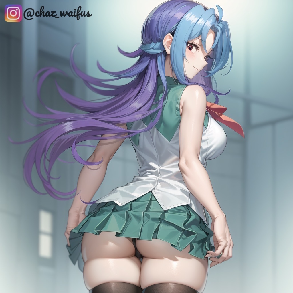 ai generated, ass, blue hair, chaz waifus, chazwaifus2, edit, female, female only, kamishiro rio, legwear, long hair, looking at viewer, looking back, red eyes, rio kamishiro, school uniform, skirt, smile, solo, thick lips, underwear, yu-gi-oh!, yu-gi-oh! zexal