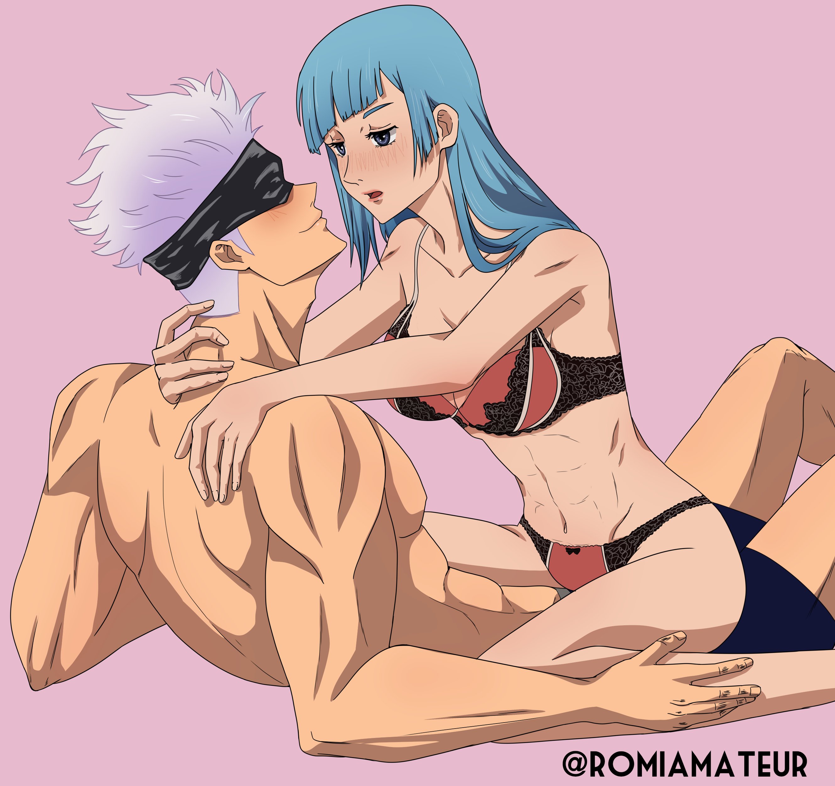 1boy, 1girls, abs, age difference, athletic, bangs, blindfold, blue hair, blue-haired female, blush lines, face-to-face, female, fringe, hand on neck, imminent sex, jujutsu kaisen, kasumi miwa, lace-trimmed bra, lace-trimmed panties, light skin, light-skinned female, lingerie, lingerie only, male, male/female, muscles, muscular, muscular male, older male, on lap, parted lips, romiamateur, satoru gojo, sitting on lap, straddling, straight, underwear, white hair, white-haired male, younger female