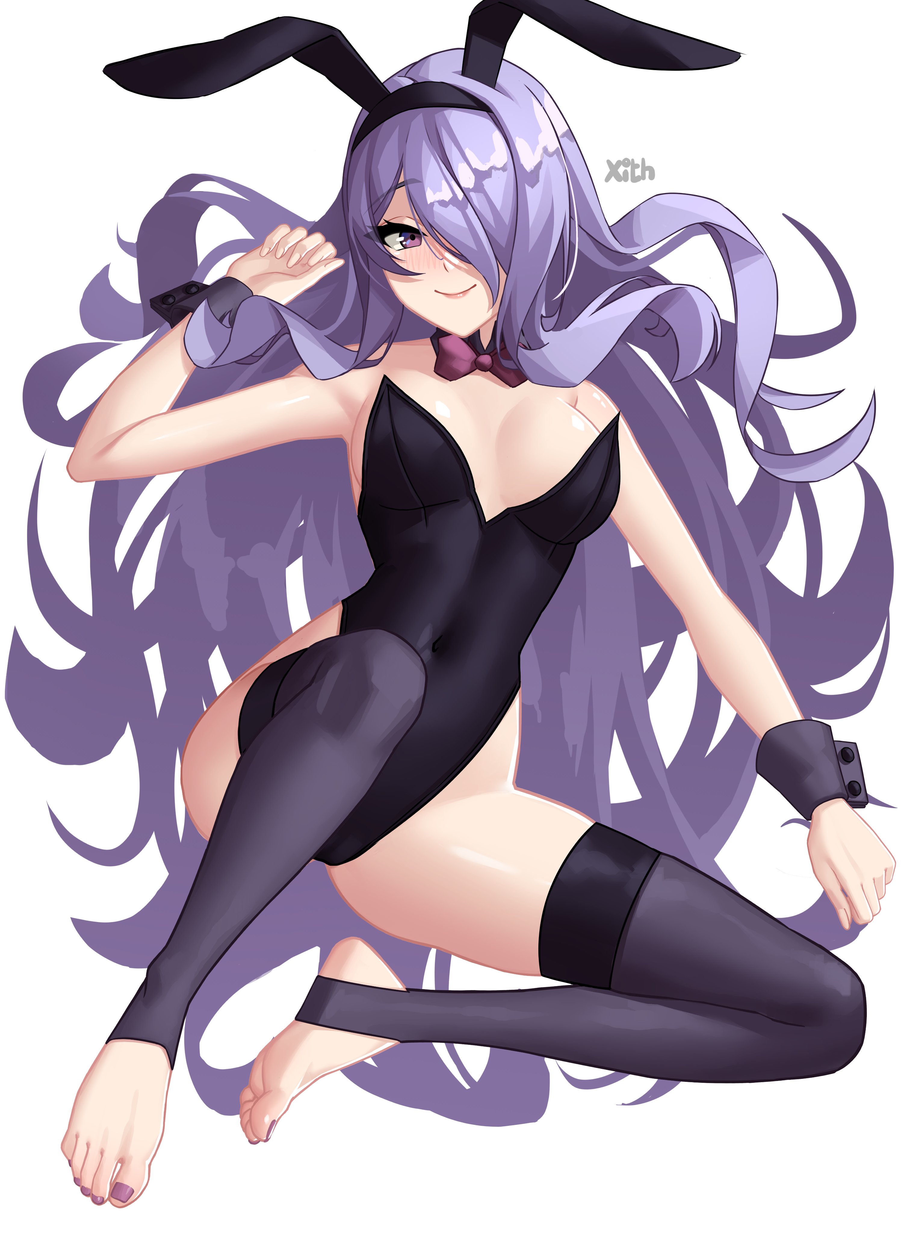 1girls, absurdres, alternate costume, animal ears, breasts, bunny ears, bunny girl, bunnysuit, camilla (fire emblem), cleavage, detached collar, fake animal ears, feet, female, female only, fire emblem, fire emblem fates, hair over one eye, highleg, highleg leotard, highres, lavender hair, legs, leotard, long hair, medium breasts, nail polish, no shoes, painted nails, playboy bunny, purple eyes, purple hair, purple nails, rabbit ears, simple background, smile, soles, solo, stirrup legwear, strapless, strapless leotard, thighhighs, toeless legwear, toes, very long hair, wavy hair, wrist cuffs, x xith x