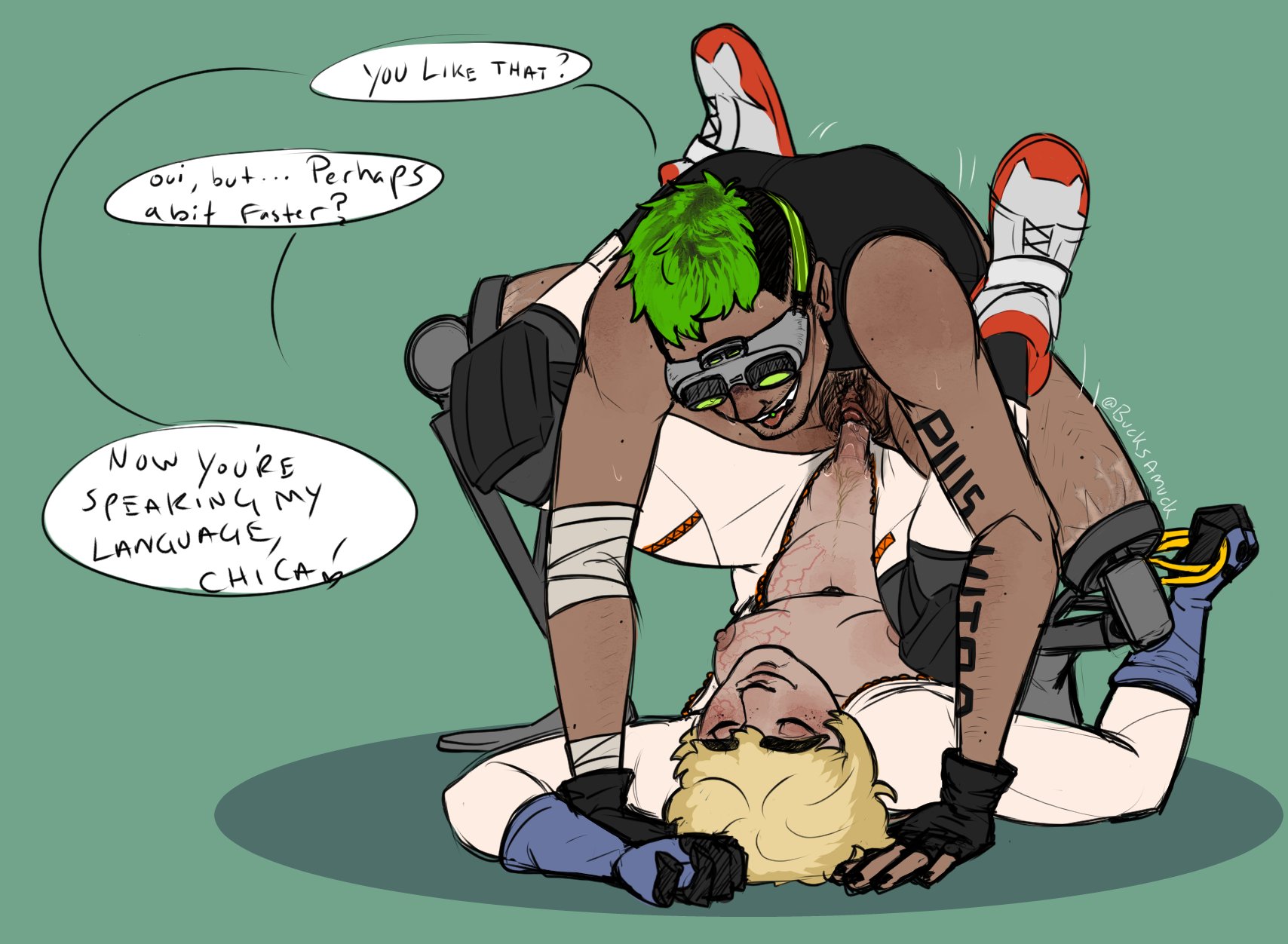 1cuntboy, 1futa, apex legends, bucksamuck, cuntboy, dickgirl, dirty talk, futa on cuntboy, futanari, intersex, lichtenberg figure, octane (apex legends), partially clothed, penetration, pussy, scar, scars, trans man, trans woman, transfem, transmasc, uncensored, vaginal penetration, wattson (apex legends)