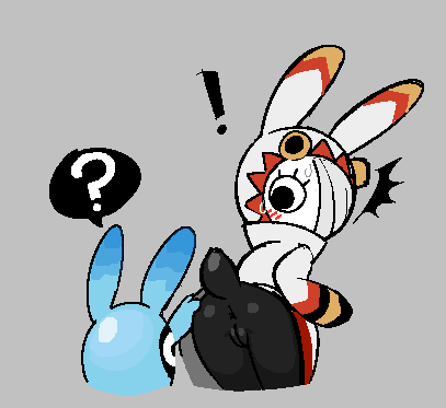 anthro anus ass exclamation_point genitals lagomorph leporid low_res mammal pongpongrun pussy pyokorappa_(ratatan) question_mark rabbit ratatan