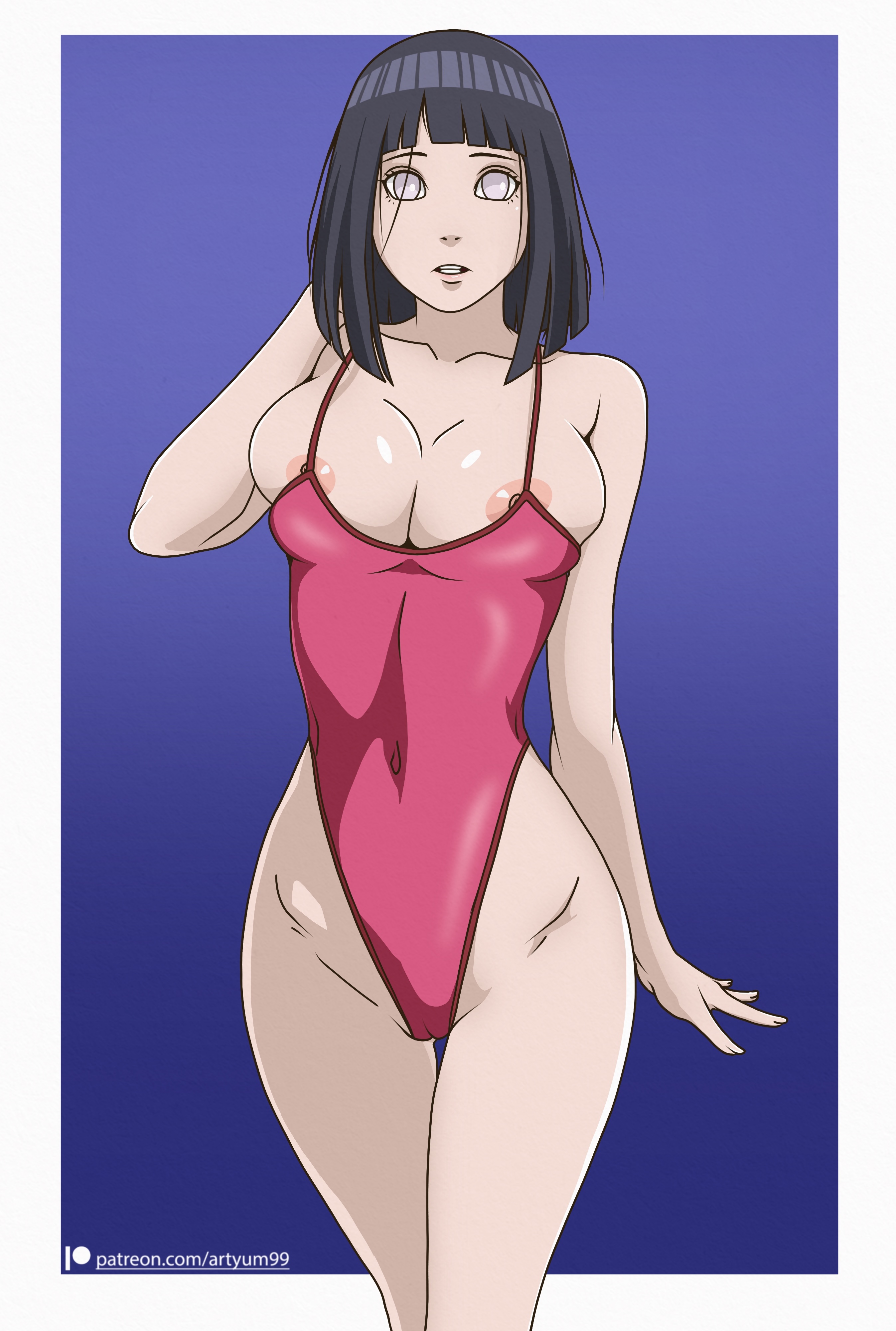 1girls, artyum99, black hair, black-haired female, boruto: naruto next generations, breasts, breasts out, female, hyuuga hinata, naruto, naruto (series), nipple slip, nipples, nude, solo, swimsuit, uzumaki hinata