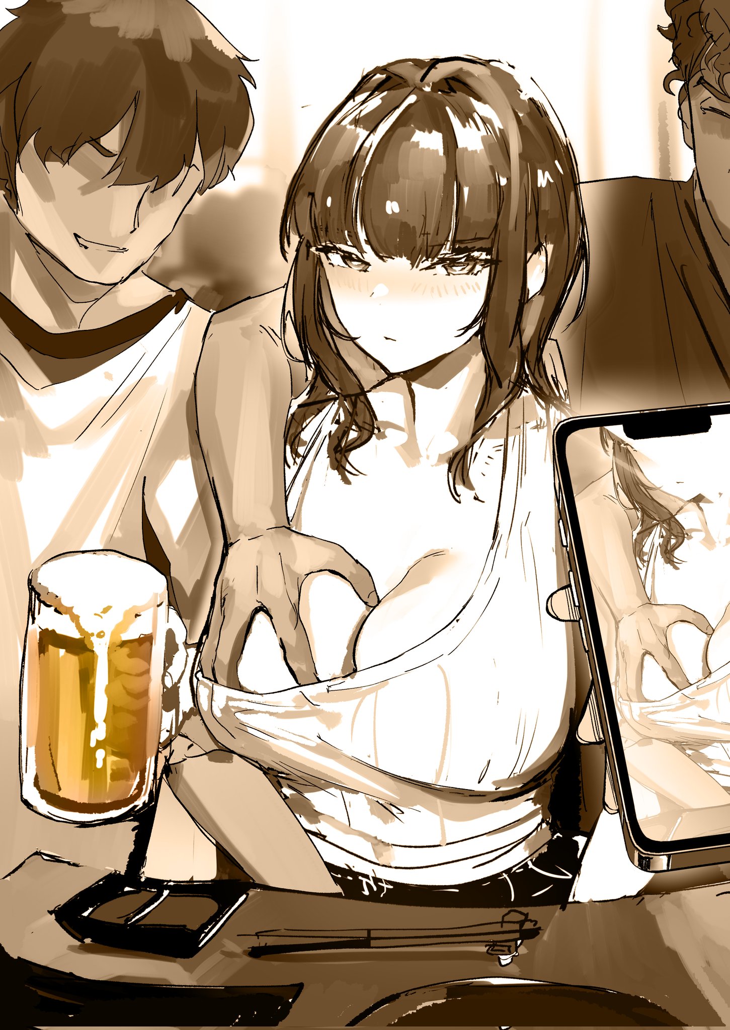 1girls, 3boys, alcohol, beer, breast grab, breasts, drunk, female, female focus, groping, groping breasts, groping from behind, group, large breasts, looking at viewer, lynus, male, molestation, original, phone, recording