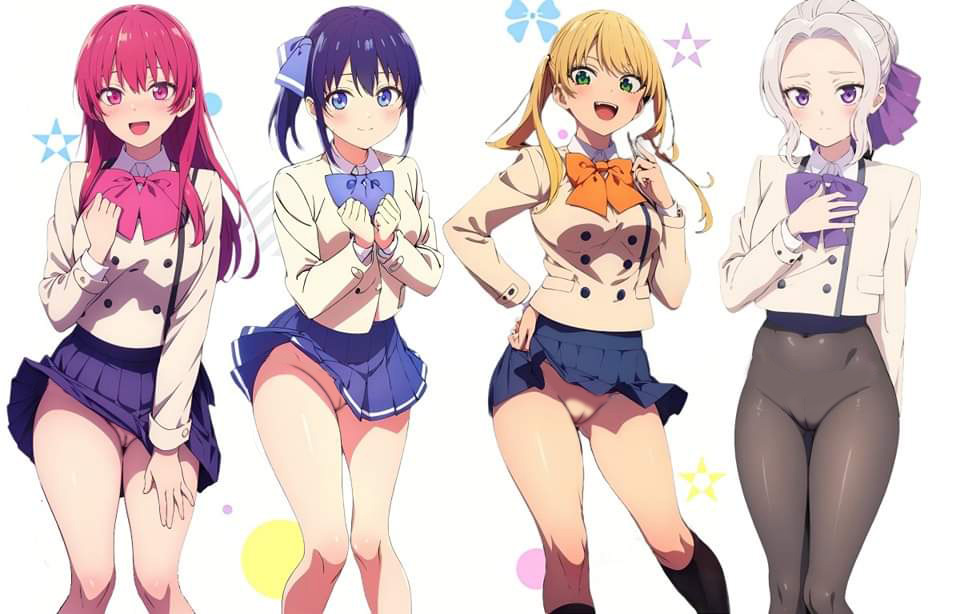 ai_generated black_hair blonde_hair blue_eyes bottomless gray_hair green_eyes hoshizaki_rika kanojo_mo_kanojo kiryuu_shino minase_nagisa nekom14 no_panties purple_eyes pussy red_eyes saki_saki_(kanojo_mo_kanojo) thighhighs twintails upskirt