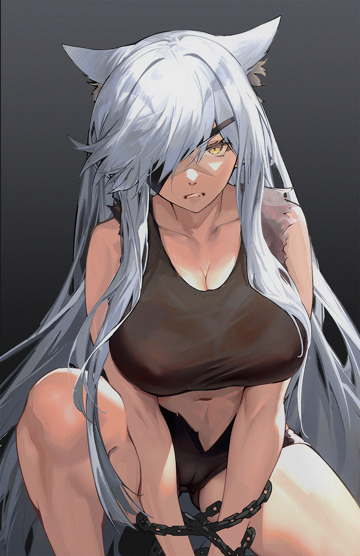 angry, animal ears, arknights, big breasts, breasts, cameltoe, cat girl, catgirl, chains, drive shot, duke of windermere (arknights), eyepatch, female, legs, navel, nipples visible through clothing, pussy, restrained, scar, sports bra, thick thighs, thighs, torn clothes, white hair, yellow eyes