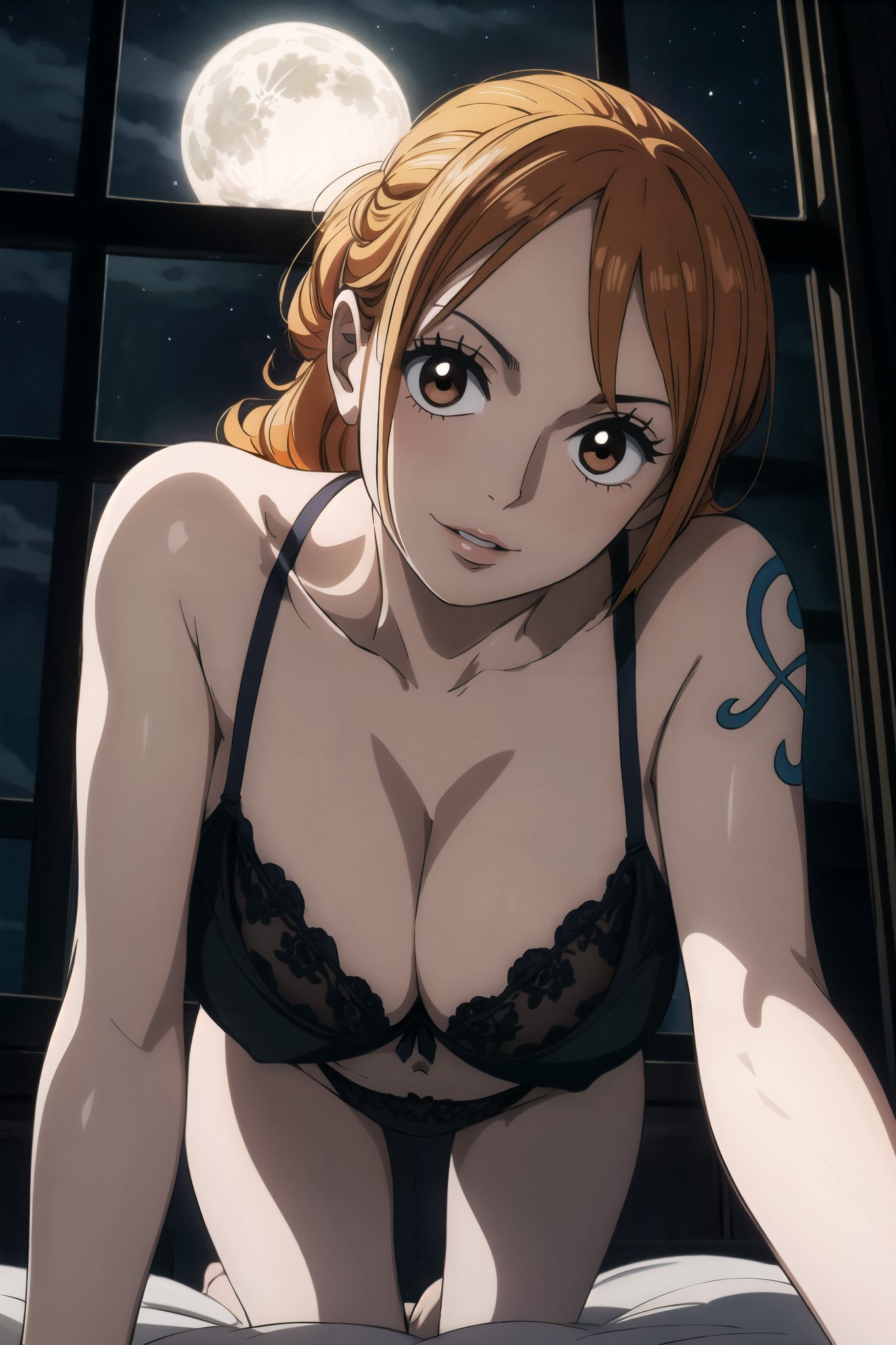 1girls, ai generated, all fours, artist request, bef, big breasts, bra, breasts, busty, cleavage, female, female only, full moon, lingerie, long hair, looking at viewer, nai diffusion, nami (one piece), night, one piece, orange hair, post-timeskip, pov, pov eye contact, smile, solo, stable diffusion, tattoo, tattooed arm, window