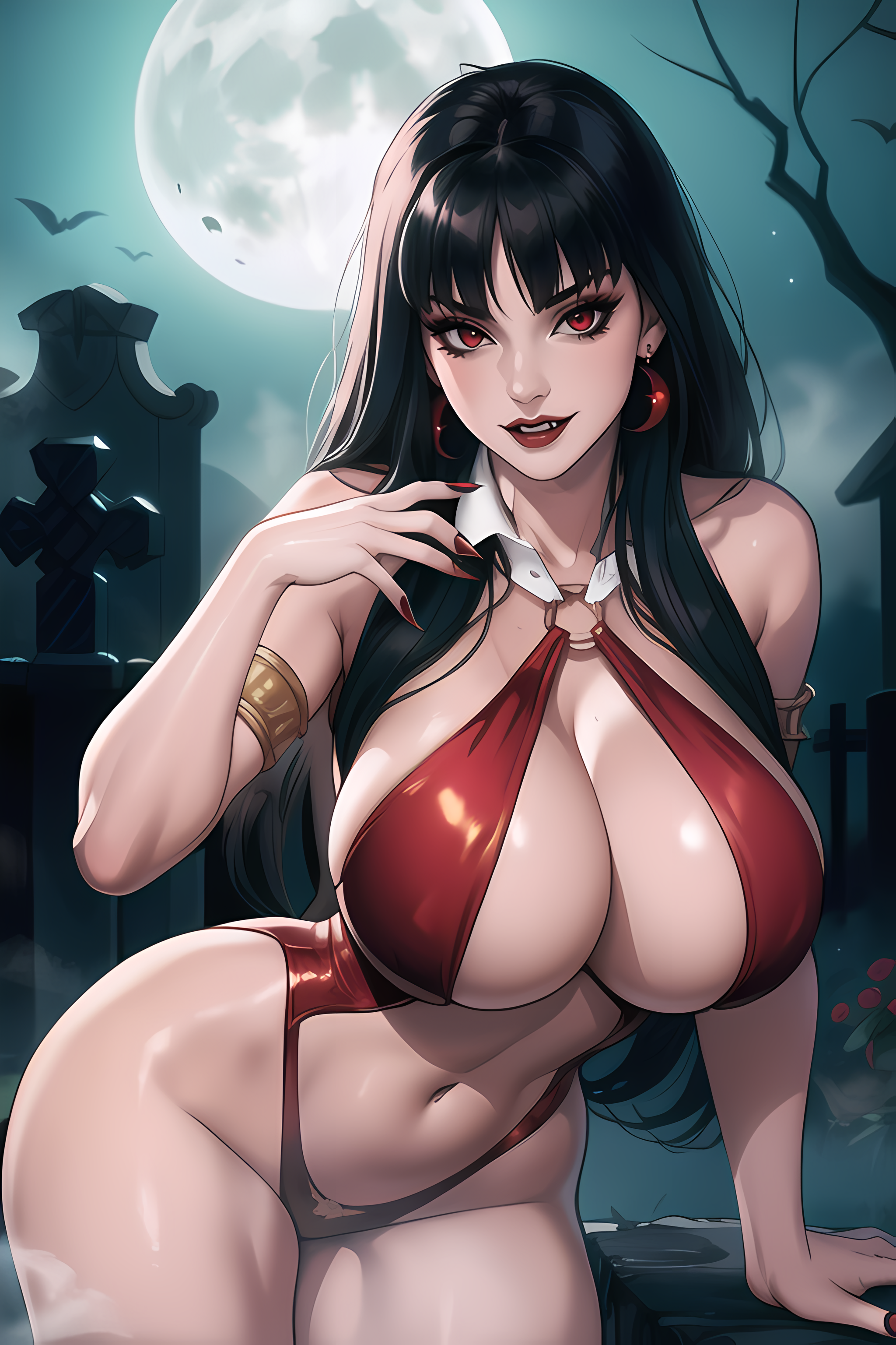 1girls, ai generated, armlet, black hair, breasts, busty, chaos comics, cleavage, earrings, female, female only, huge breasts, jewelry, leaning forward, long hair, looking at viewer, moon, navel, night, red eyes, revealing clothes, solo, vampire, vampirella, vampirella (series)