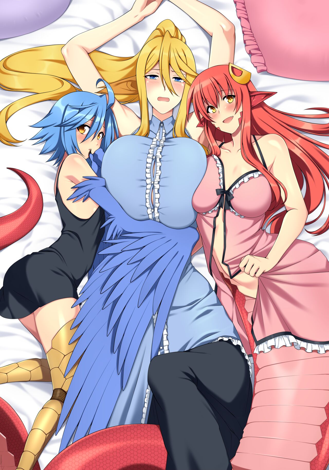 3girls, centaur, centorea shianus, female, harpy, lamia, lindaroze, miia (monster musume), monster girl, monster musume no iru nichijou, multiple females, multiple girls, naga, nightgown, papi (monster musume), taur